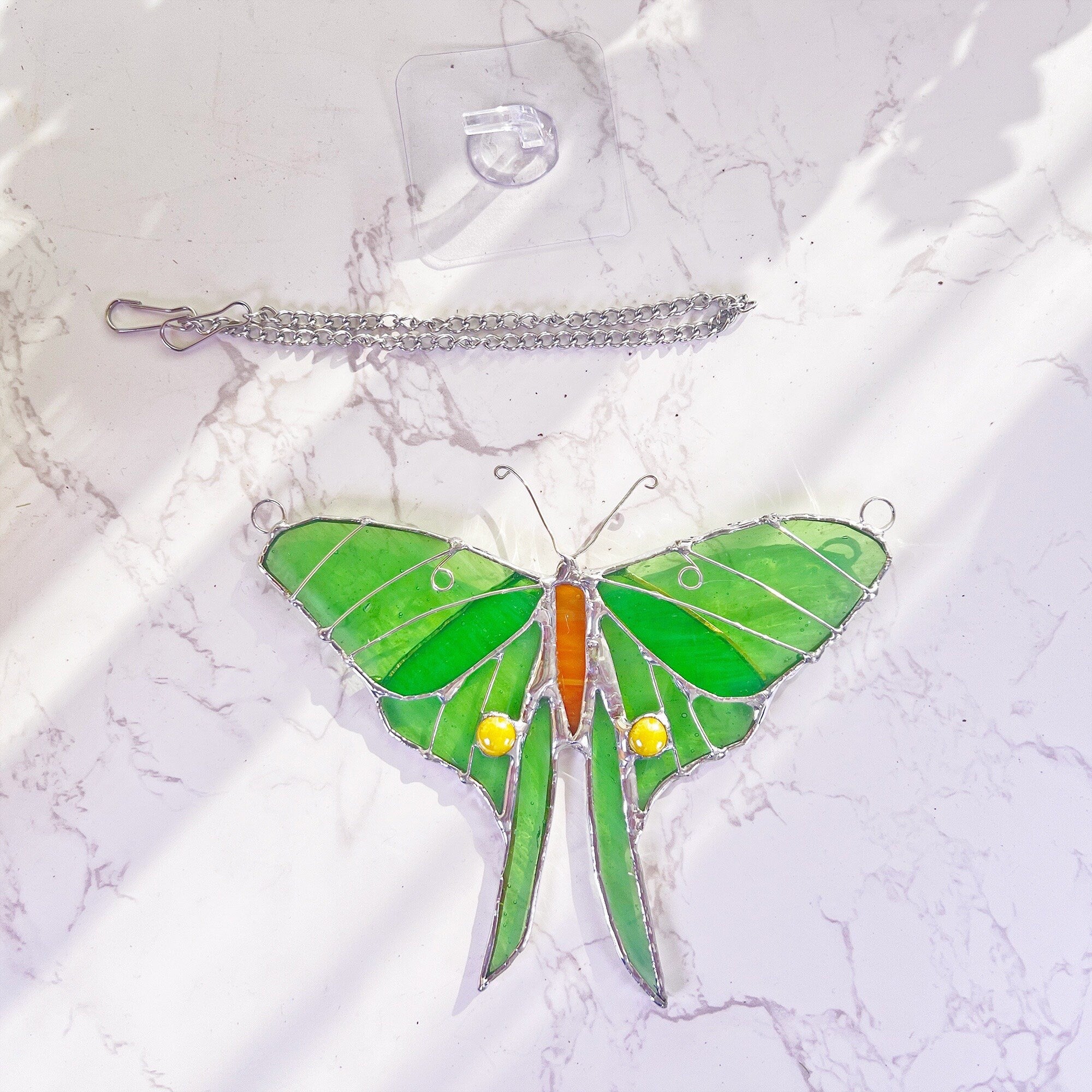 RainLine Handmade Stained Glass Luna Moth Butterfly Window Hanging
