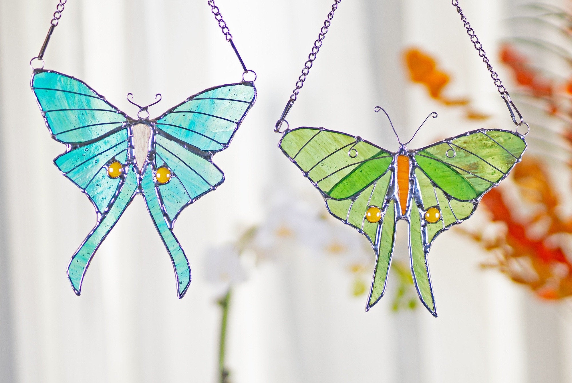 RainLine Handmade Stained Glass Luna Moth Butterfly Window Hanging