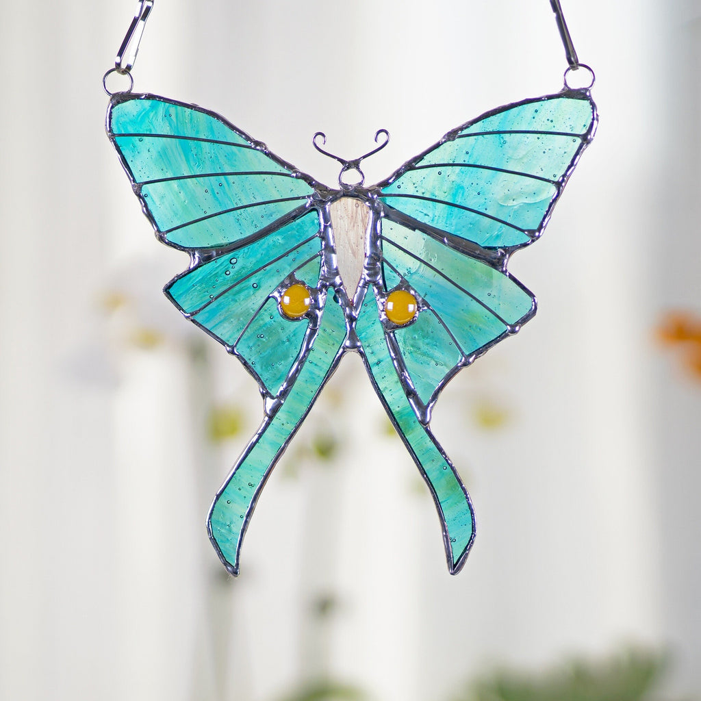 RainLine Luna Moth Stained Glass Suncatcher Blue Green Handmade