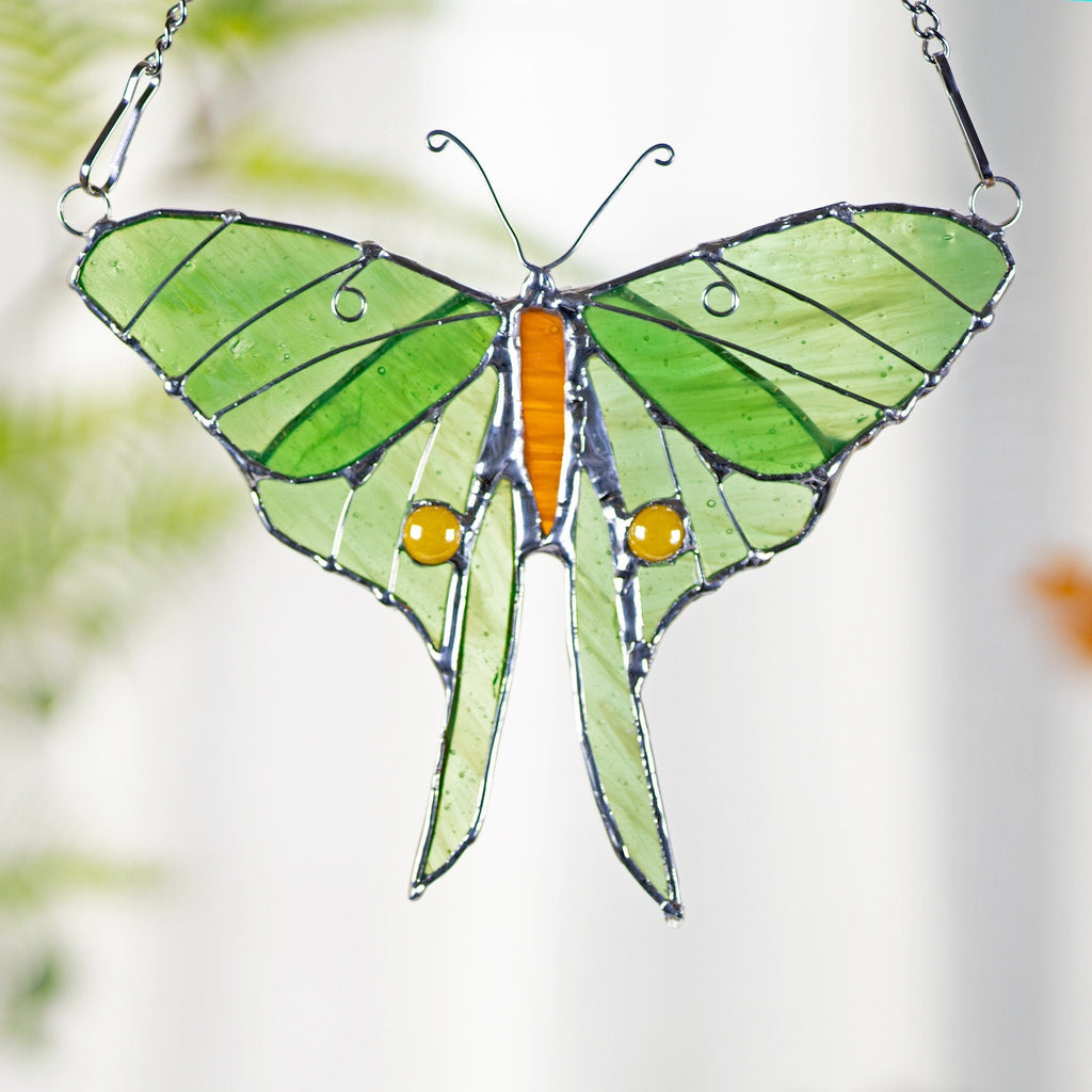 RainLine Luna Moth Stained Glass Suncatcher Blue Green Handmade