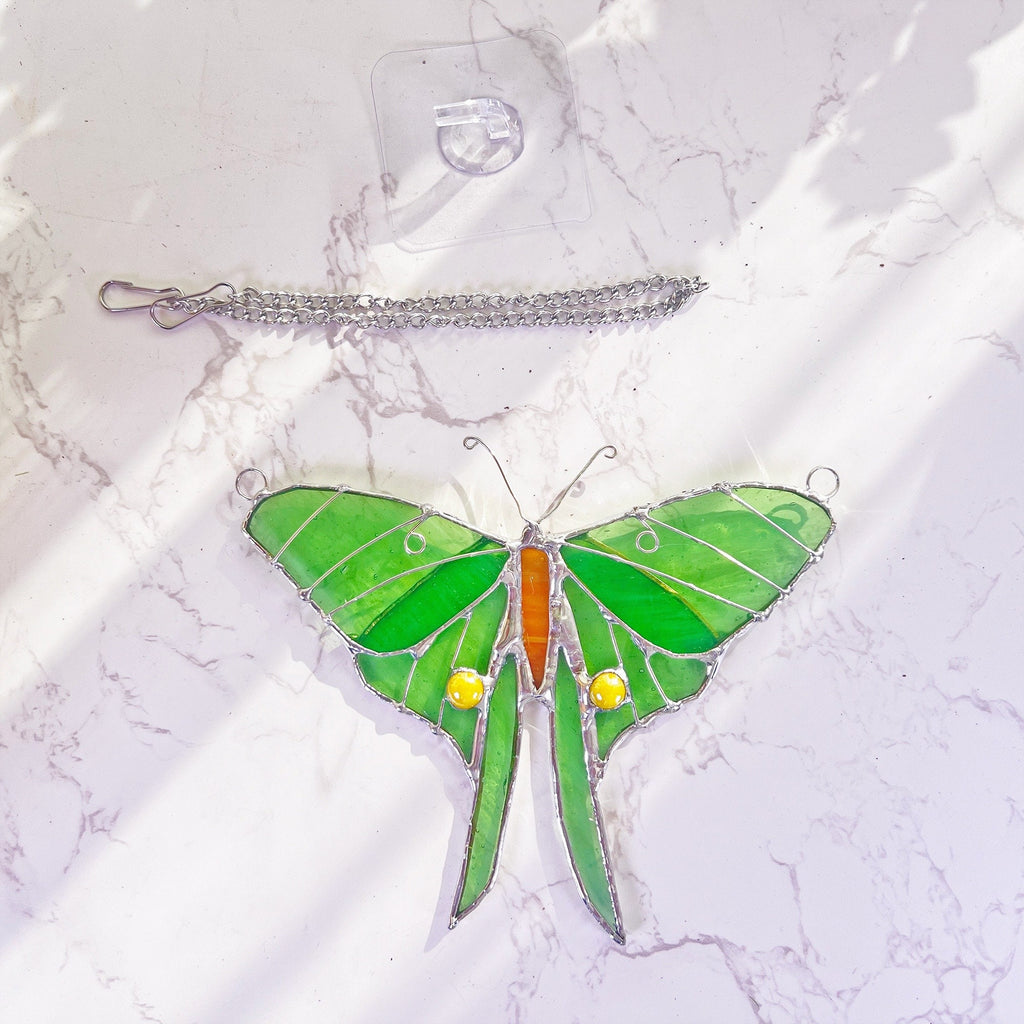 RainLine Luna Moth Stained Glass Suncatcher Blue Green Handmade