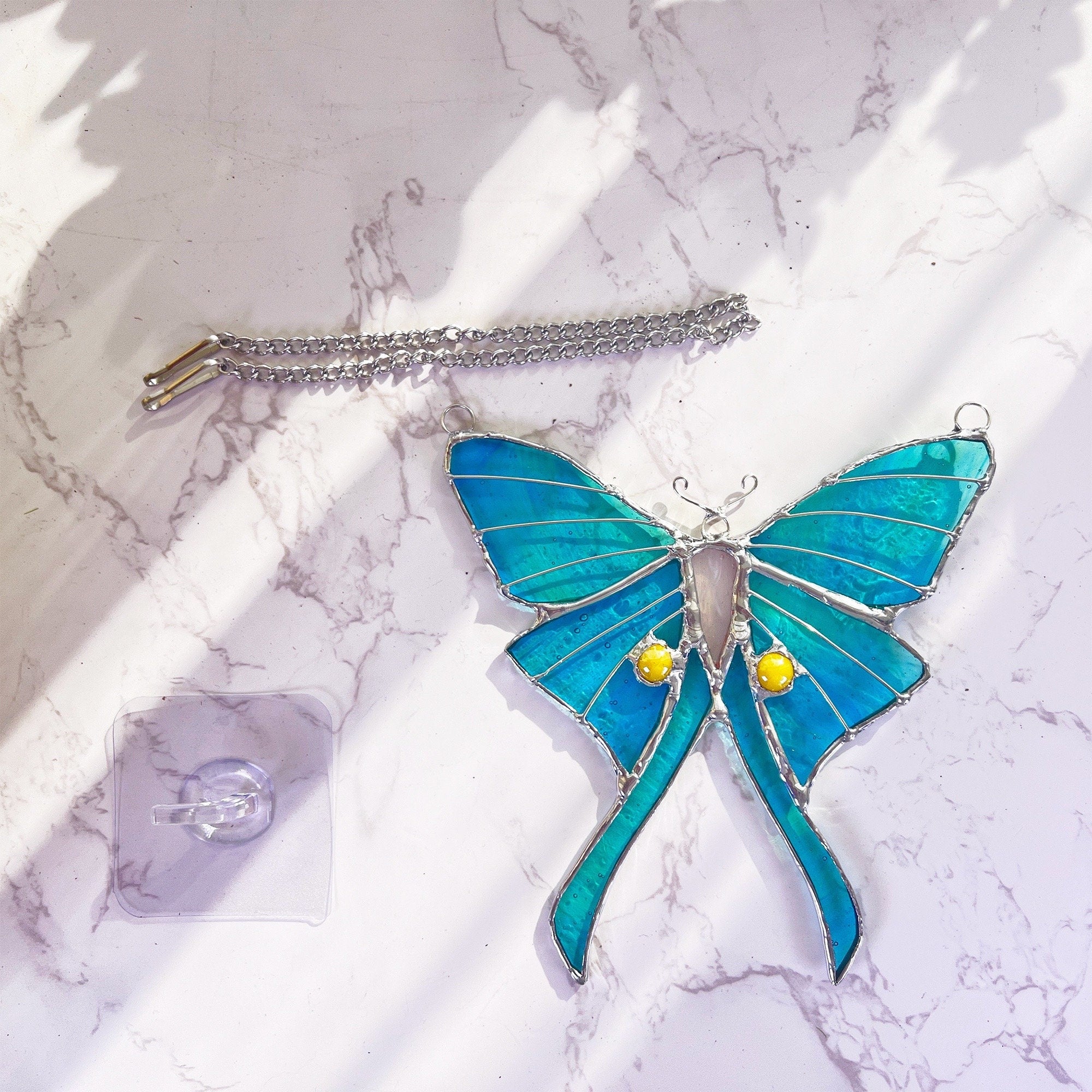 RainLine Luna Moth Stained Glass Suncatcher Blue Green Handmade