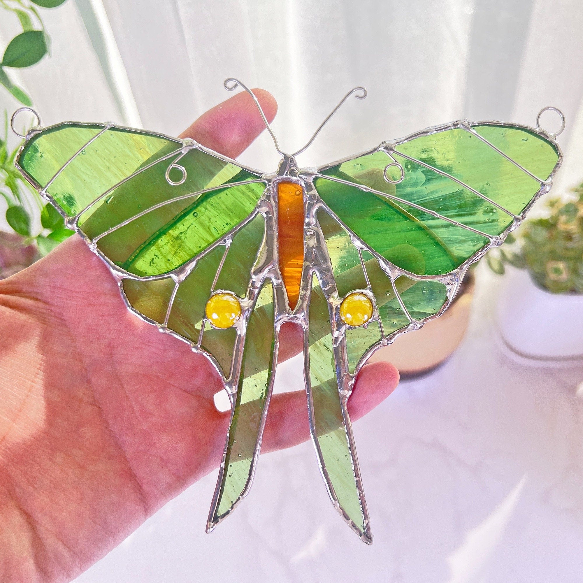 RainLine Luna Moth Stained Glass Suncatcher Blue Green Handmade