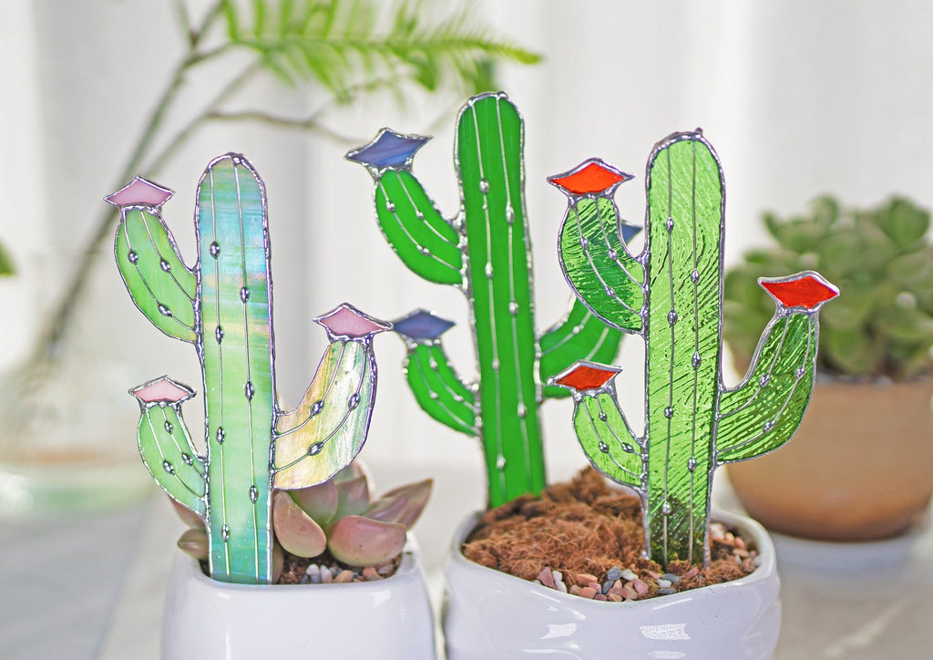 RainLine Handmade Stained Glass Cactus Stake Garden Ornament Sun Catcher