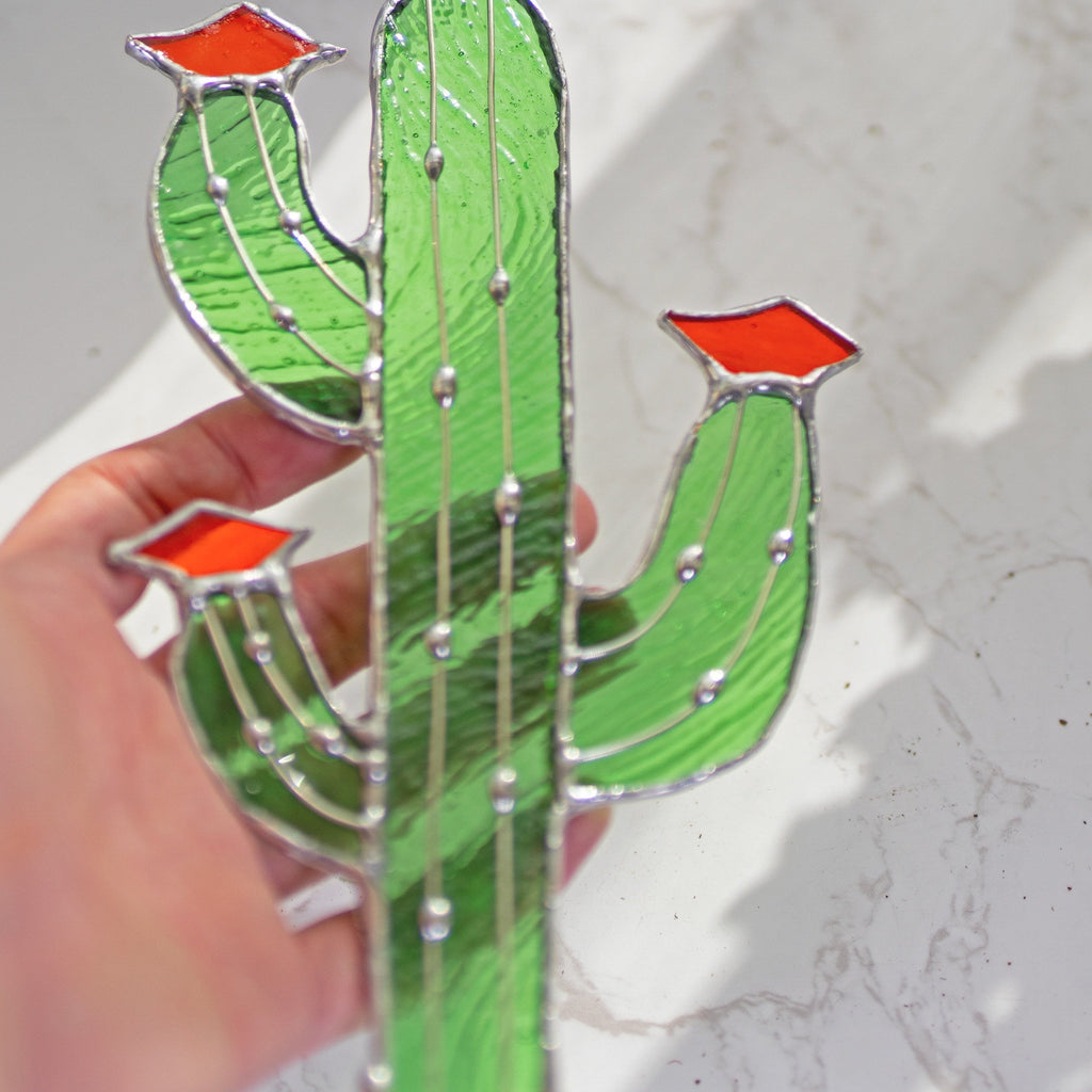RainLine Handmade Stained Glass Cactus Stake Garden Ornament Sun Catcher