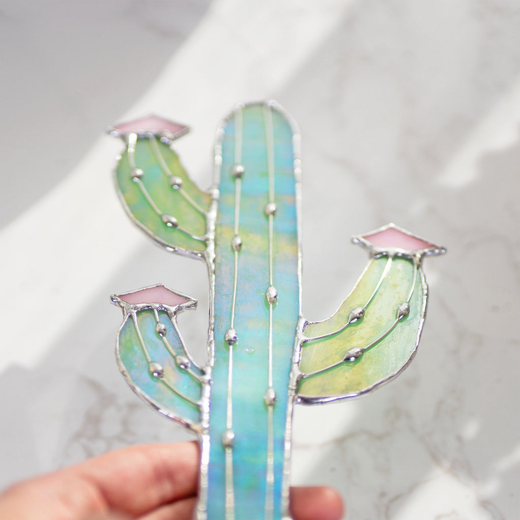RainLine Iridescent Cactus Stained Glass Stake