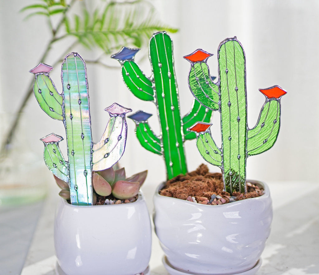 RainLine Handmade Tiffany Stained Glass Cactus Garden Stake
