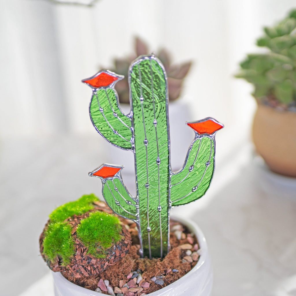RainLine Handmade Tiffany Stained Glass Cactus Garden Stake