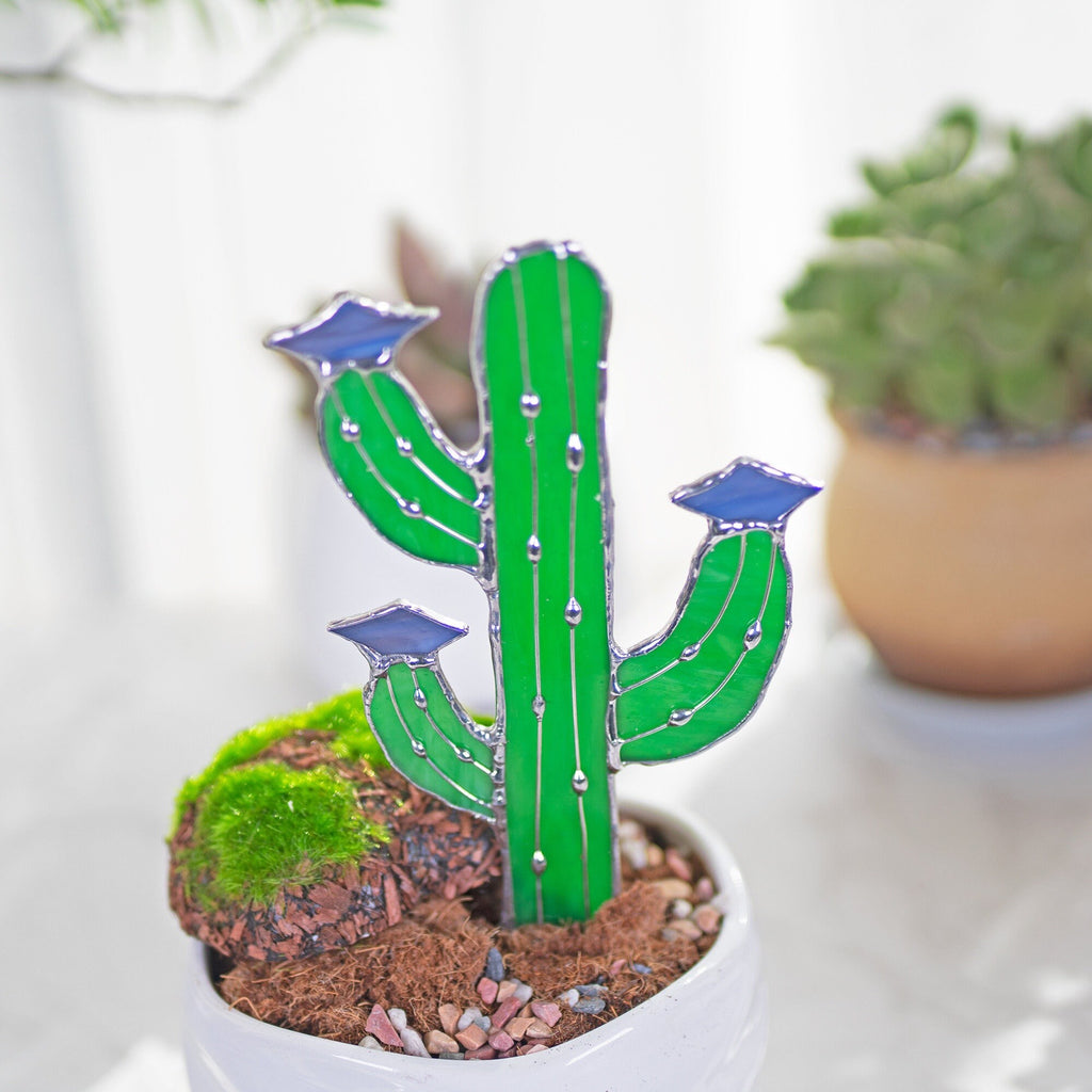 RainLine Handmade Stained Glass Cactus Stake Garden Ornament