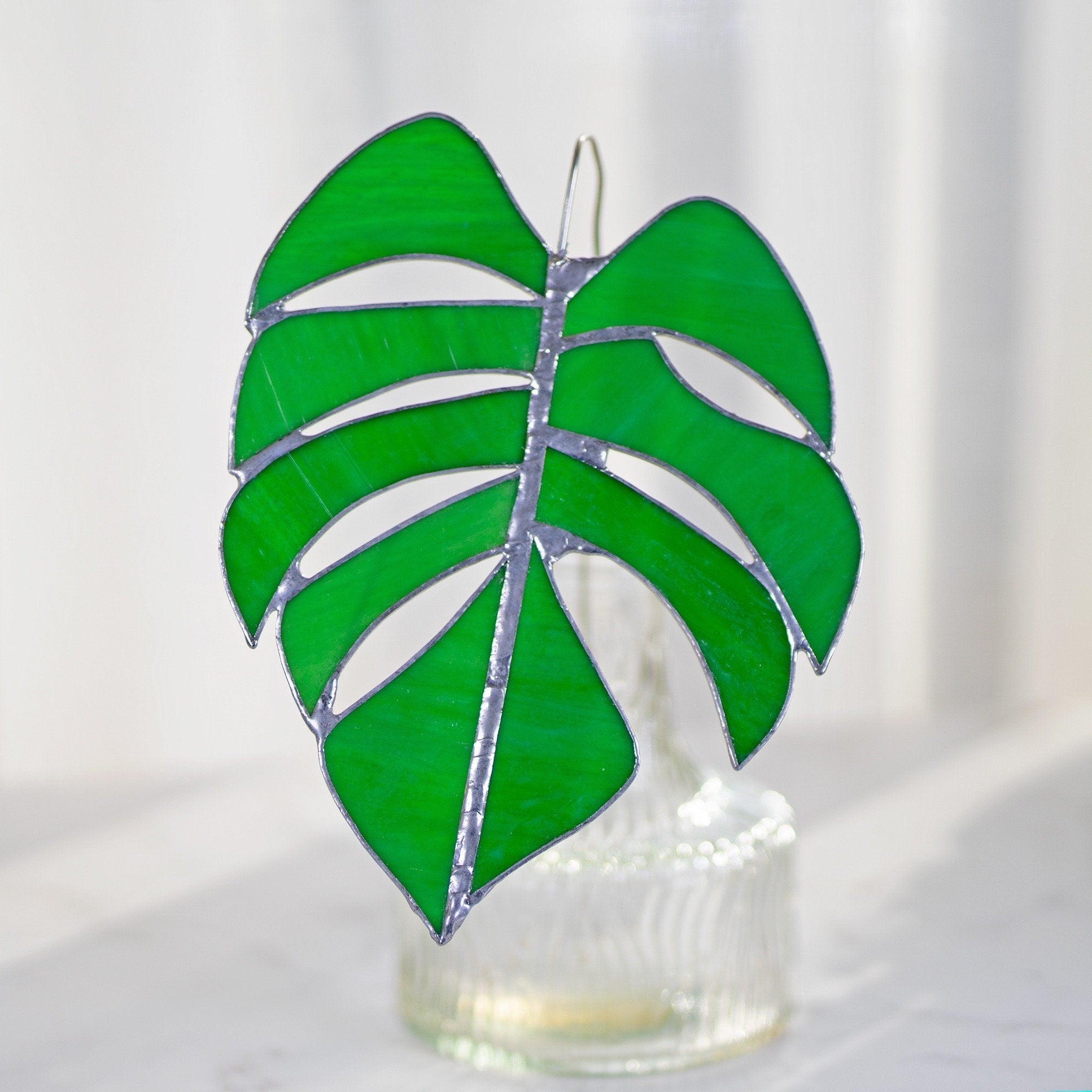 RainLine Handcrafted Stained Glass Monstera Table Decor Set 2 Leaves