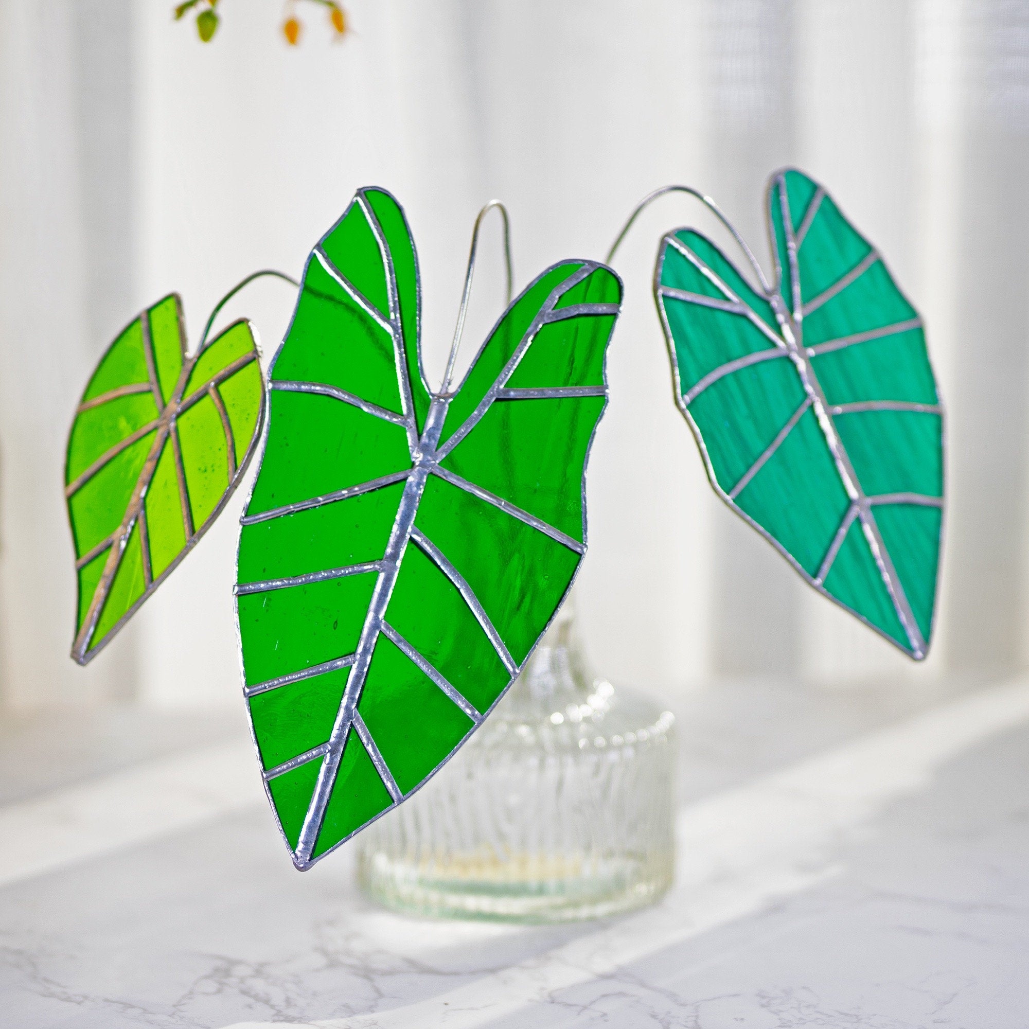 RainLine Alocasia Frydek Stained Glass Suncatcher Set of 3 Handmade Table Decor