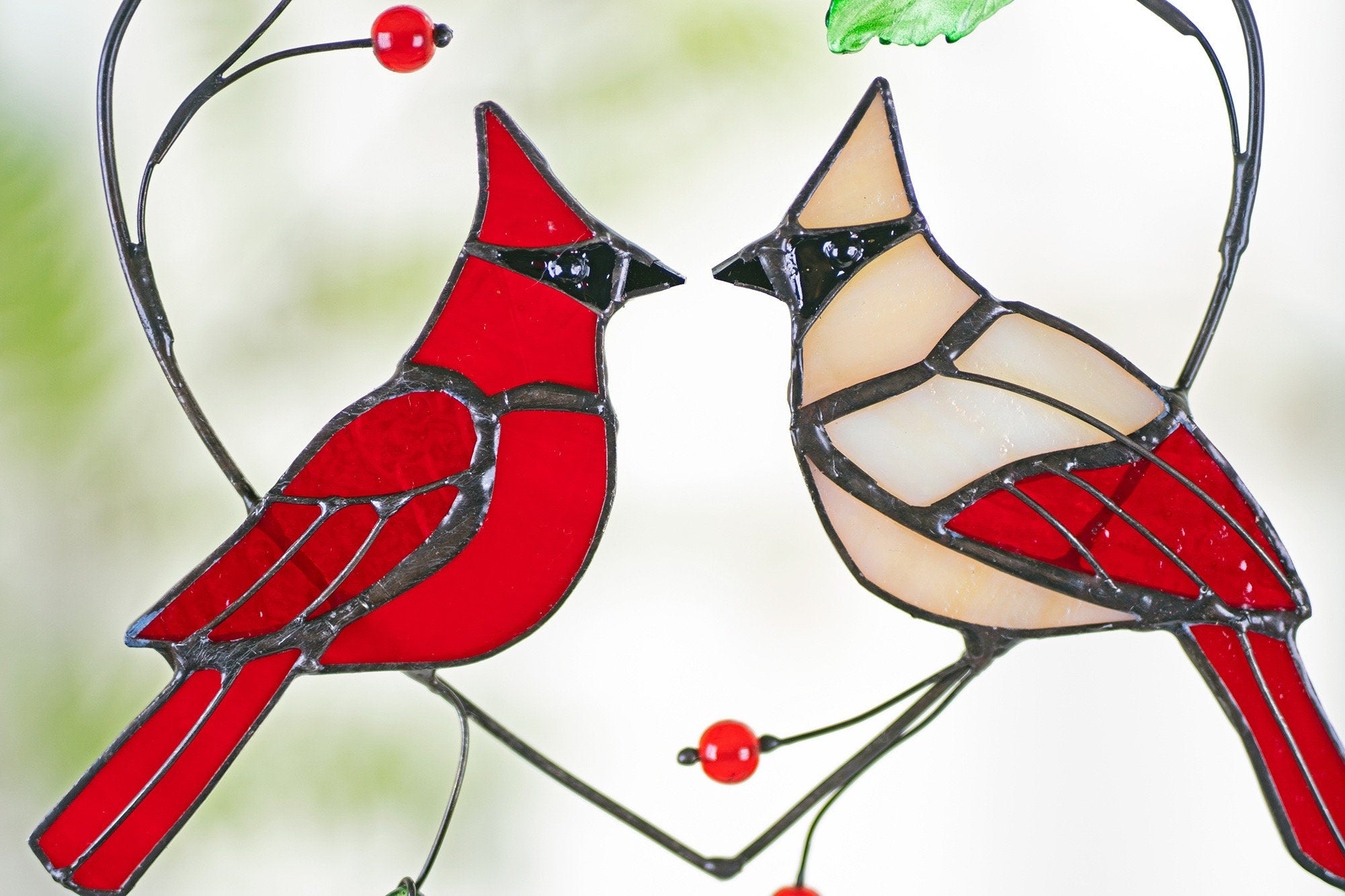 RainLine Handcrafted Stained Glass Heart Suncatcher Cardinal Bird Window Hanging