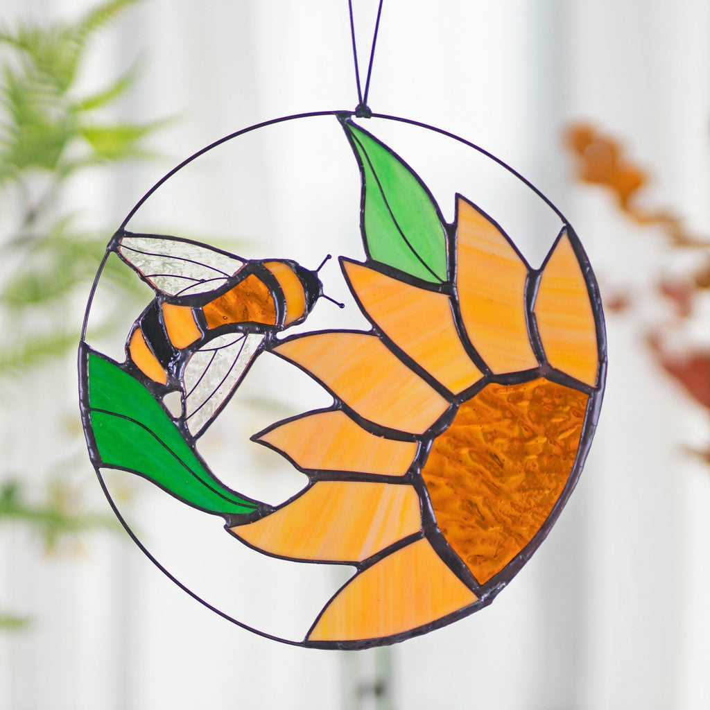 RainLine Bee and Sunflower Stained Glass Suncatcher 7in