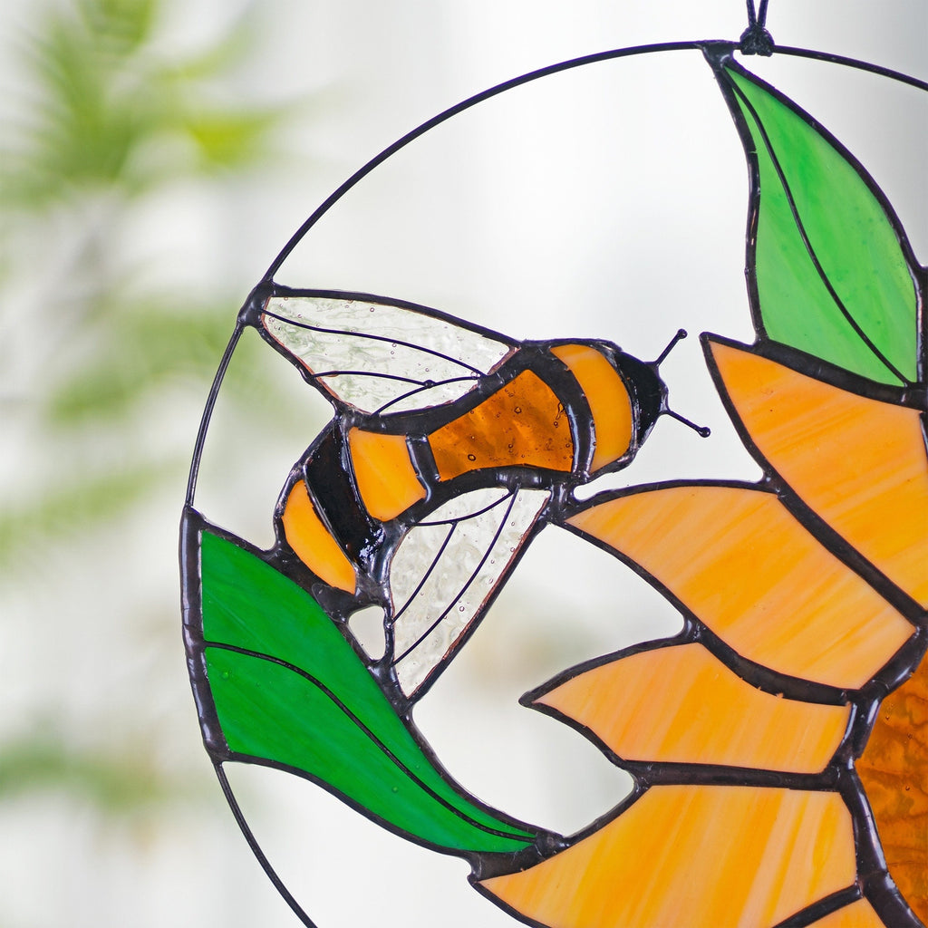RainLine Bee and Sunflower Stained Glass Suncatcher 7in
