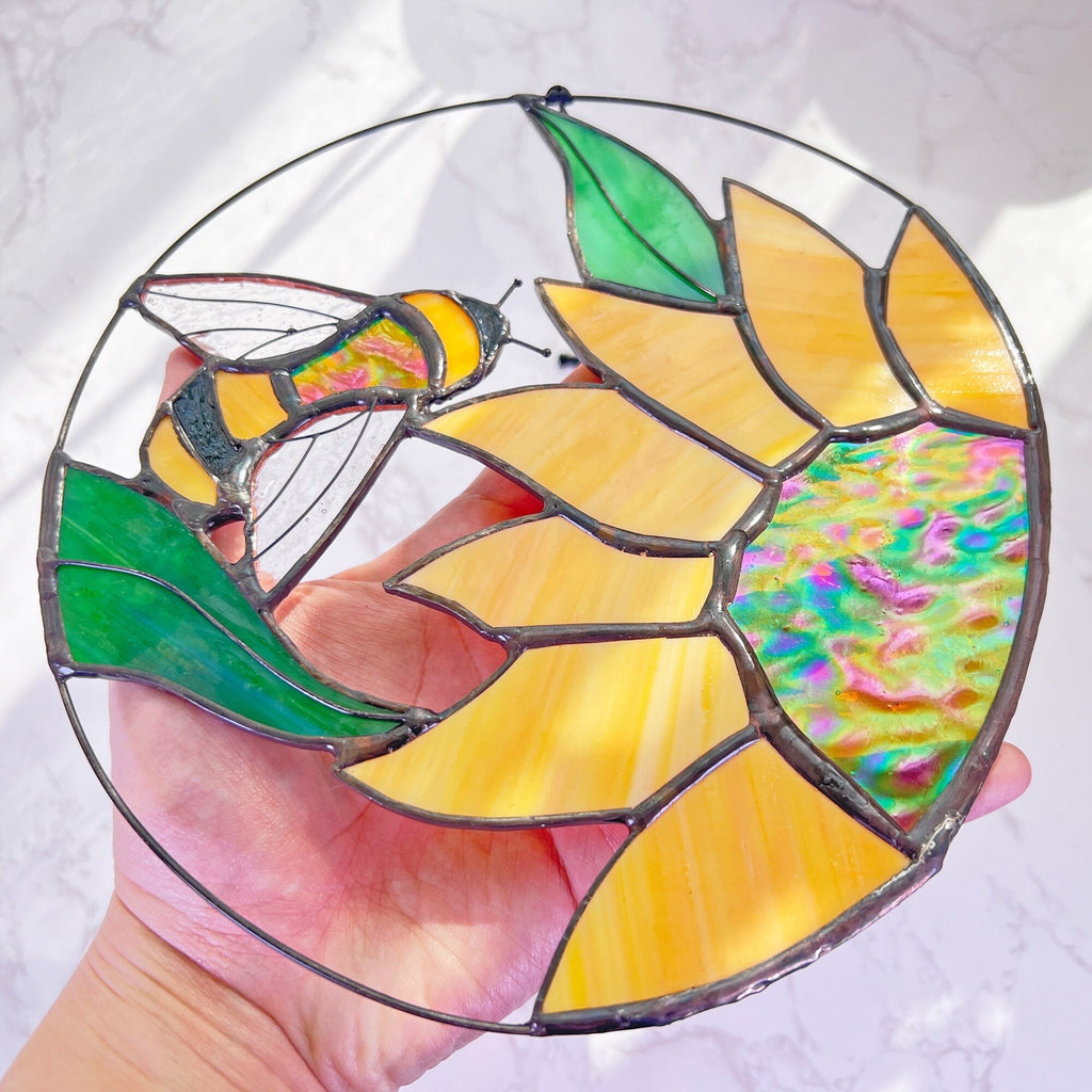 RainLine Bee and Sunflower Stained Glass Suncatcher 7in