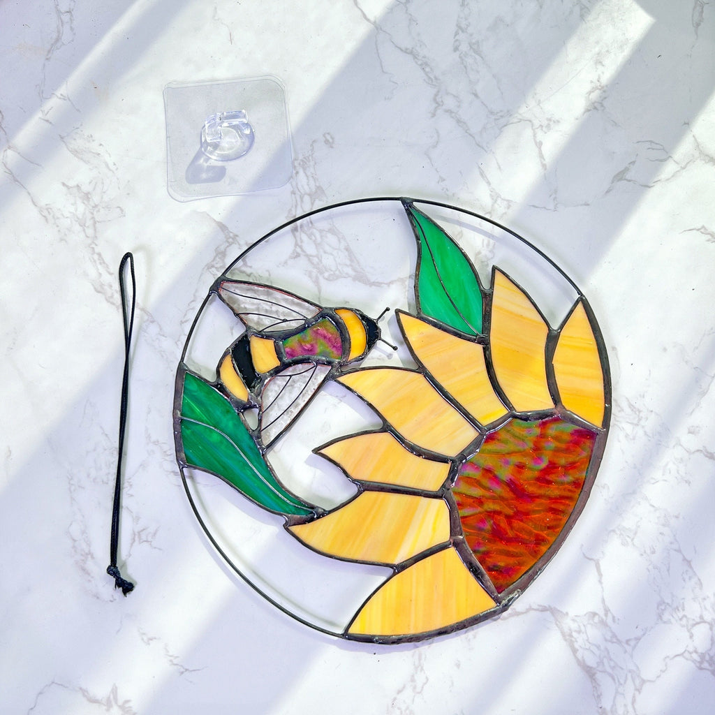 RainLine Bee and Sunflower Stained Glass Suncatcher 7in