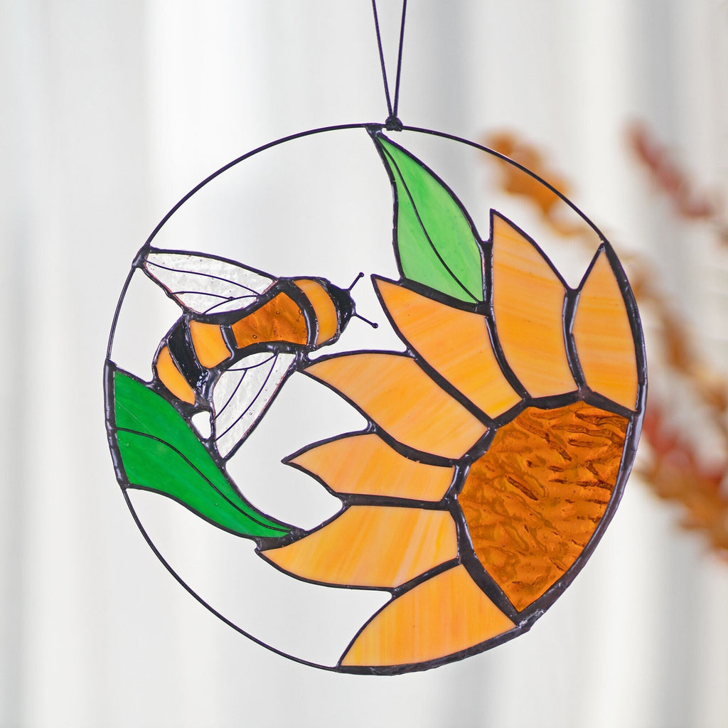 RainLine Bee and Sunflower Stained Glass Suncatcher 7in