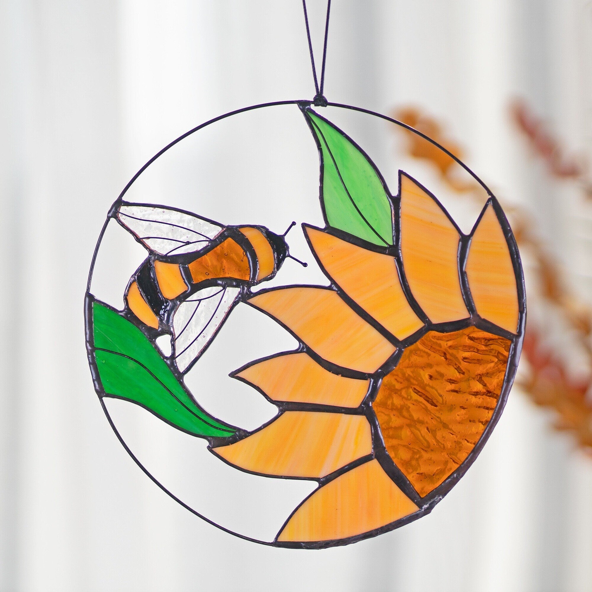 RainLine Bee and Sunflower Stained Glass Suncatcher 7in