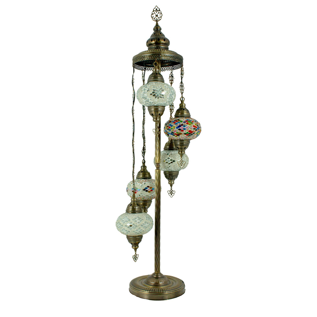 MoslandHome Handmade Turkish Mosaic Floor Lamp 5 Globe 51in Antique Brass