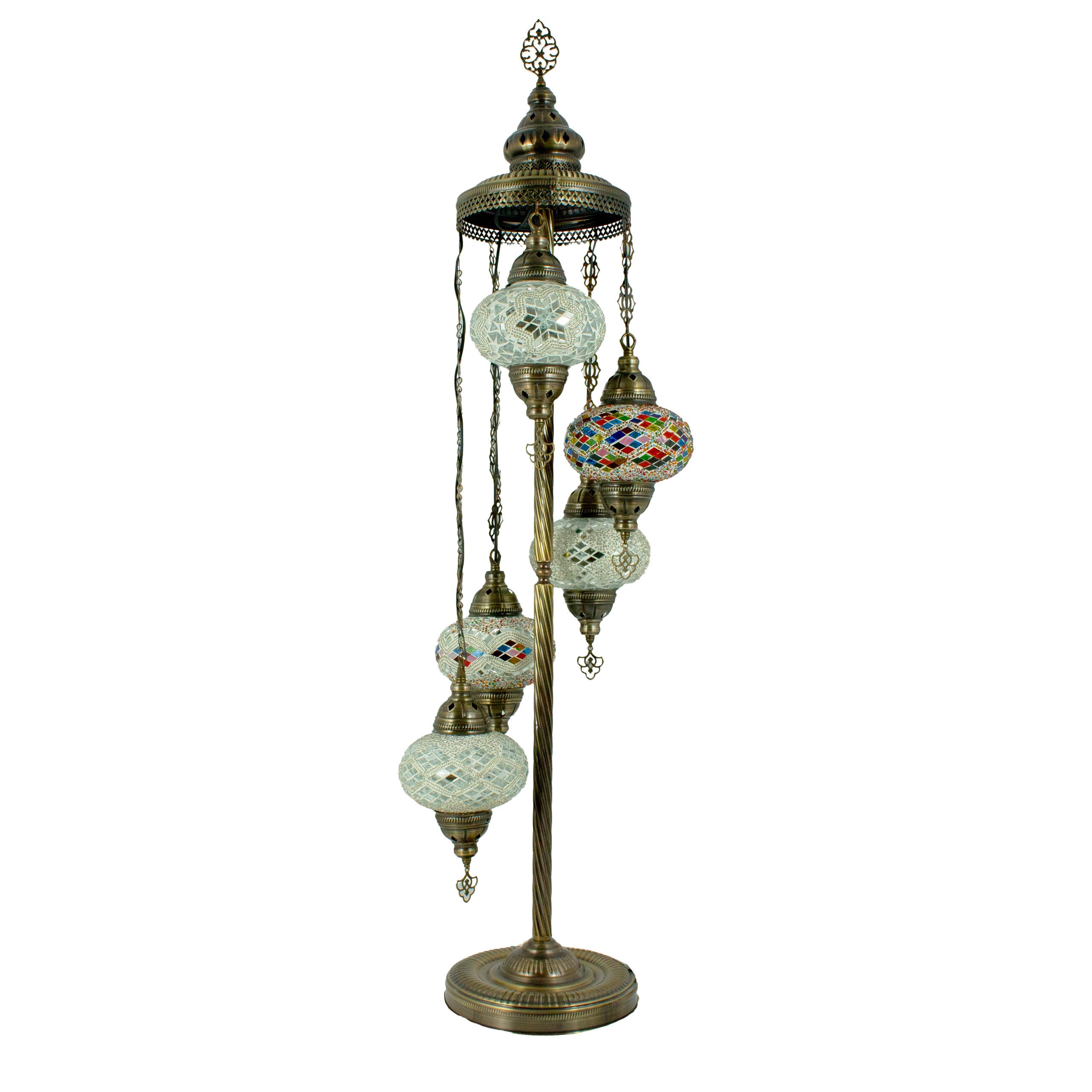 MoslandHome Handmade Turkish Mosaic Floor Lamp 5 Globe 51in Antique Brass
