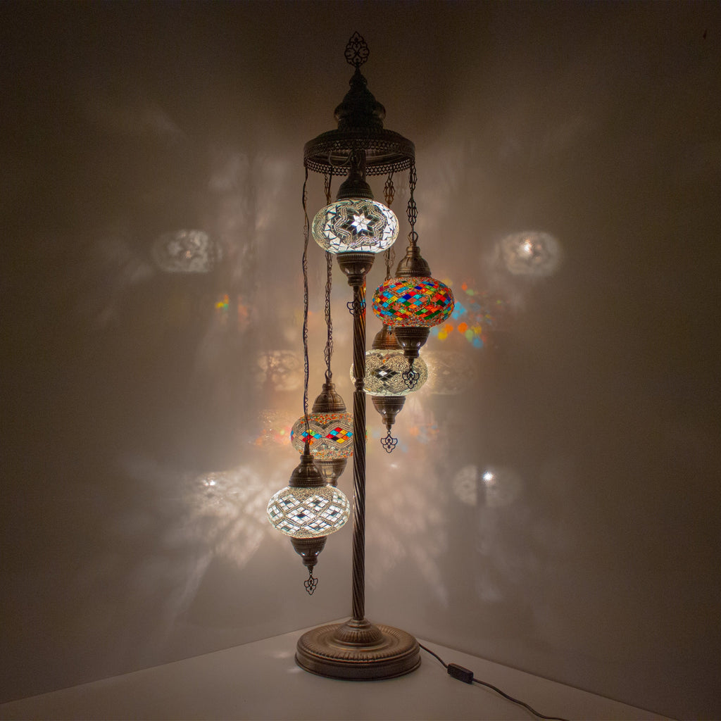 MoslandHome Handmade Turkish Mosaic Floor Lamp 5 Globe 51in Antique Brass