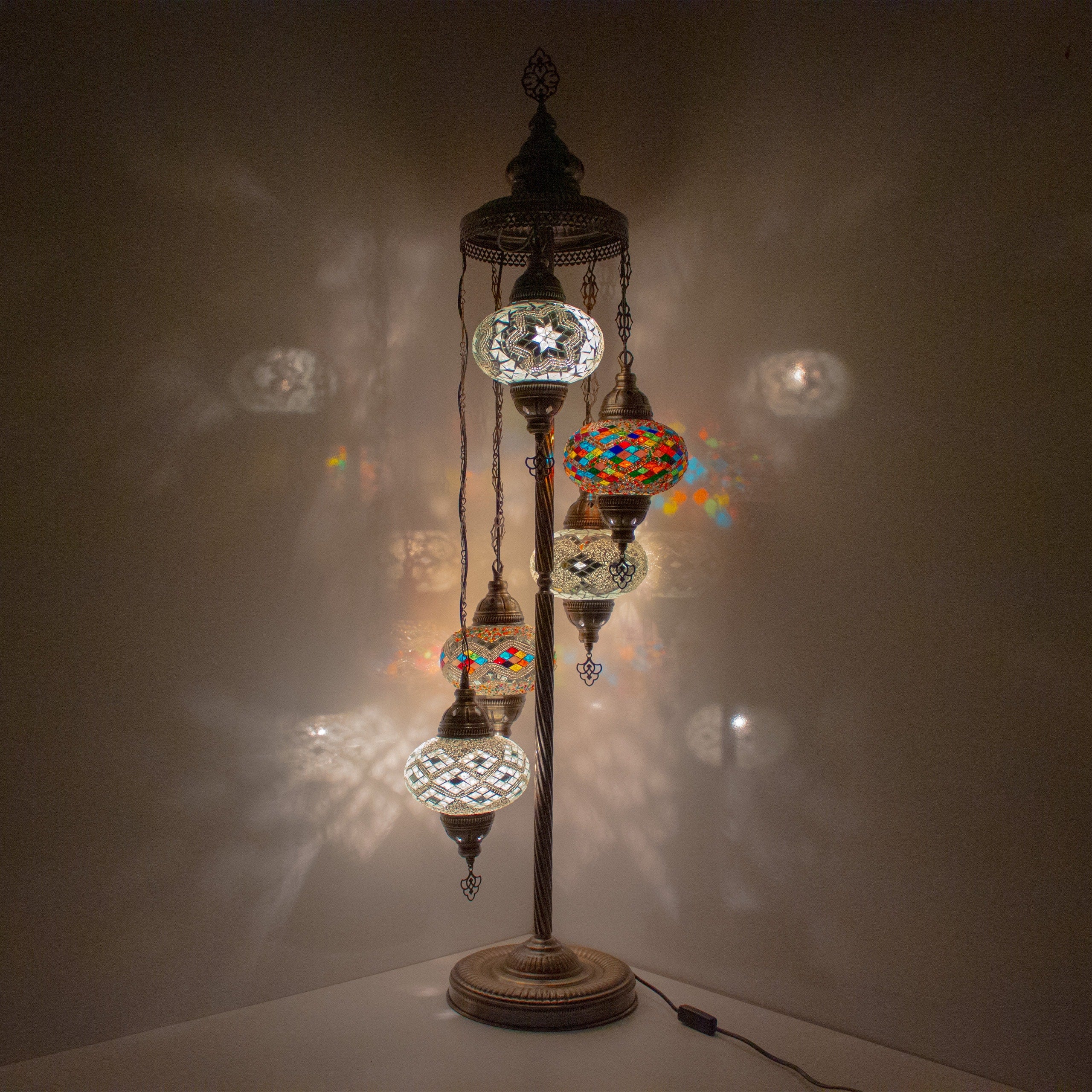 MoslandHome Handmade Turkish Mosaic Floor Lamp 5 Globe 51in Antique Brass
