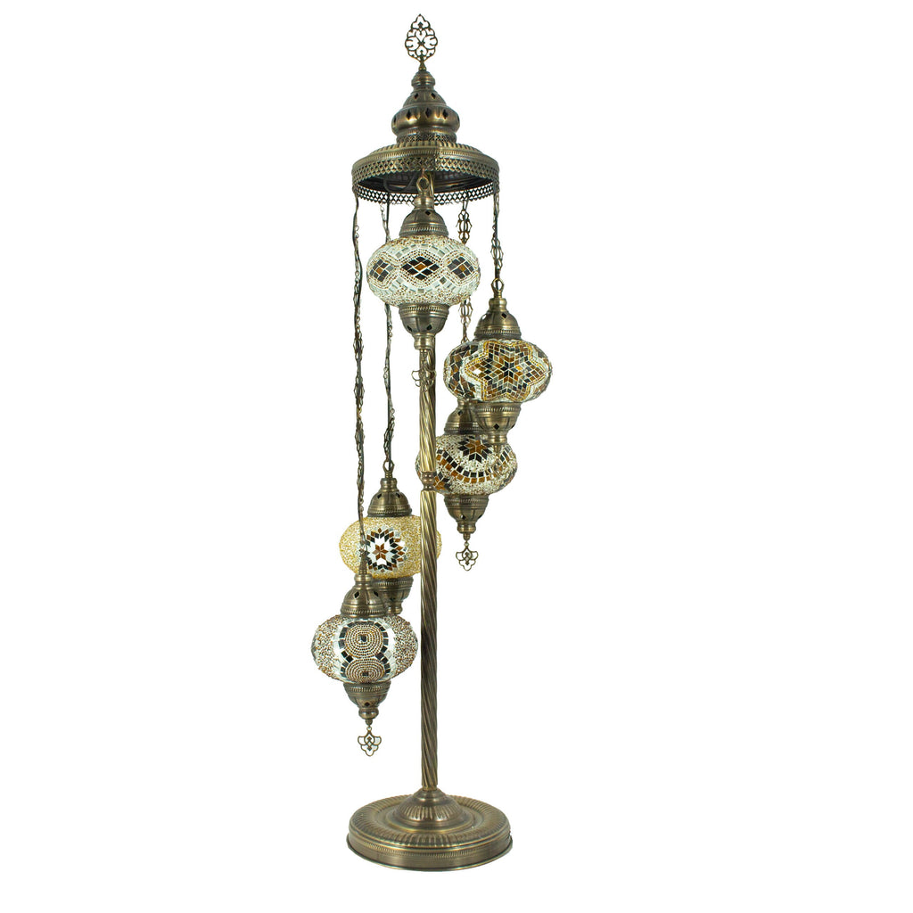 MoslandHome Handmade Turkish Mosaic Floor Lamp 5 Globe Antique Brass