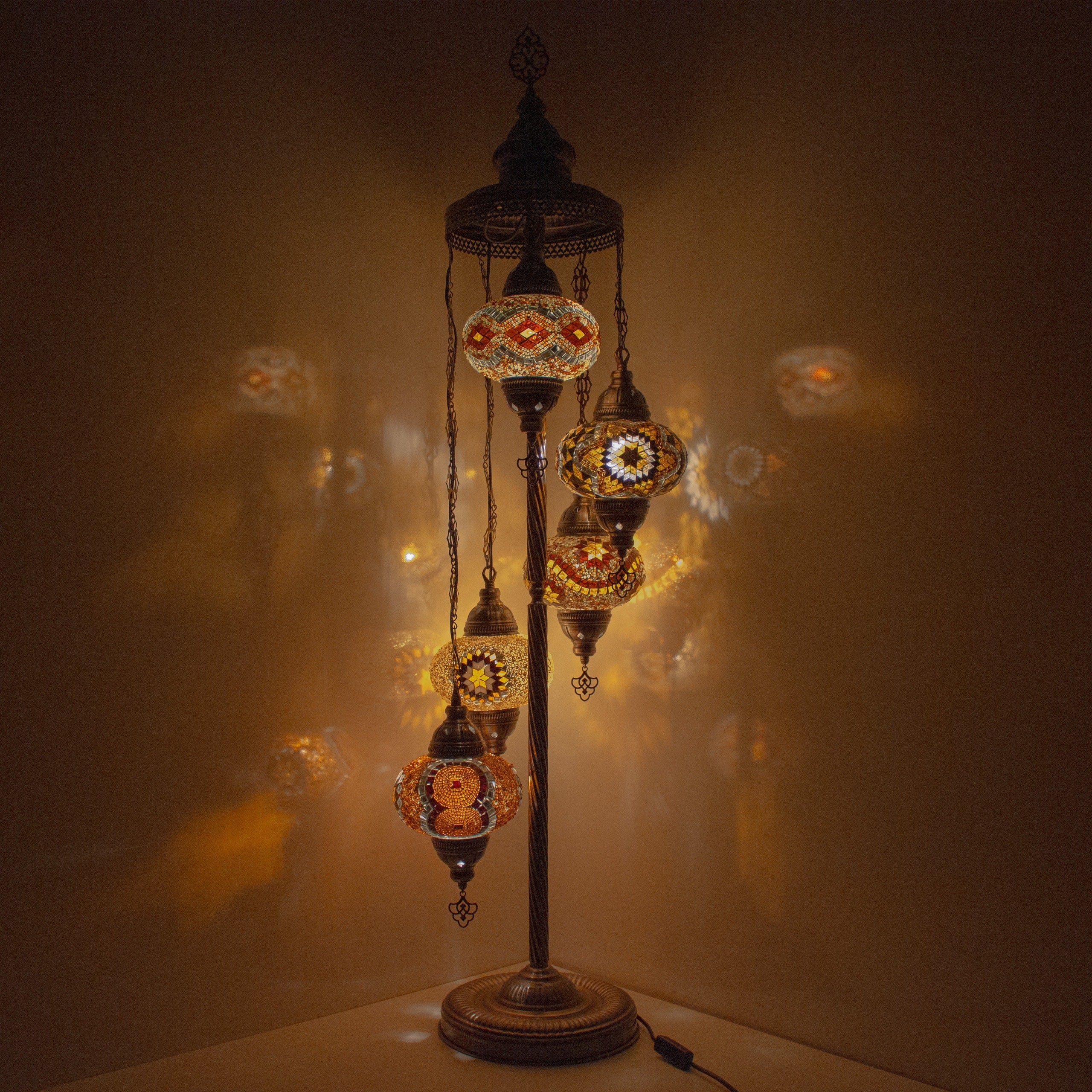 MoslandHome Handmade Turkish Mosaic Floor Lamp 5 Globe Antique Brass