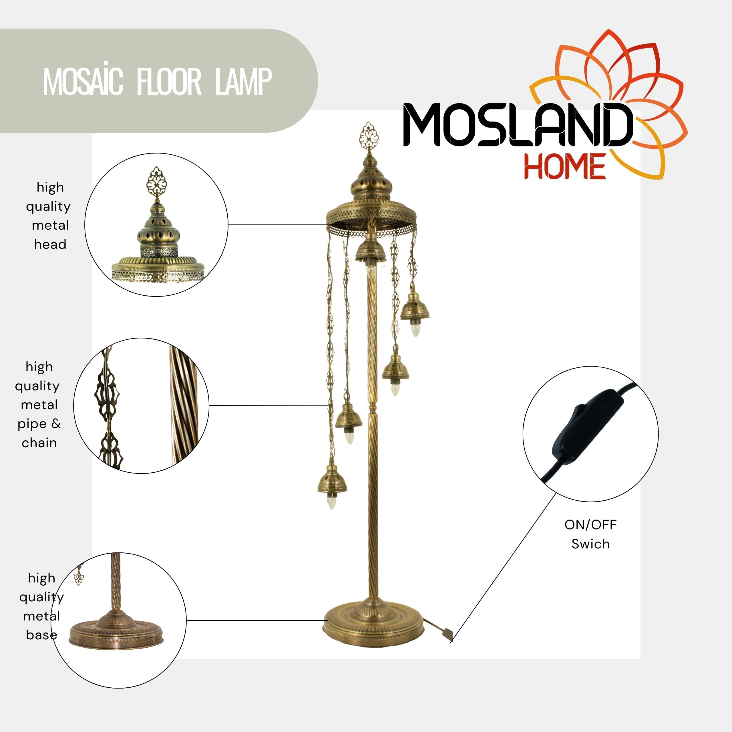 MoslandHome Handmade Turkish Mosaic Floor Lamp 5 Globe Corner