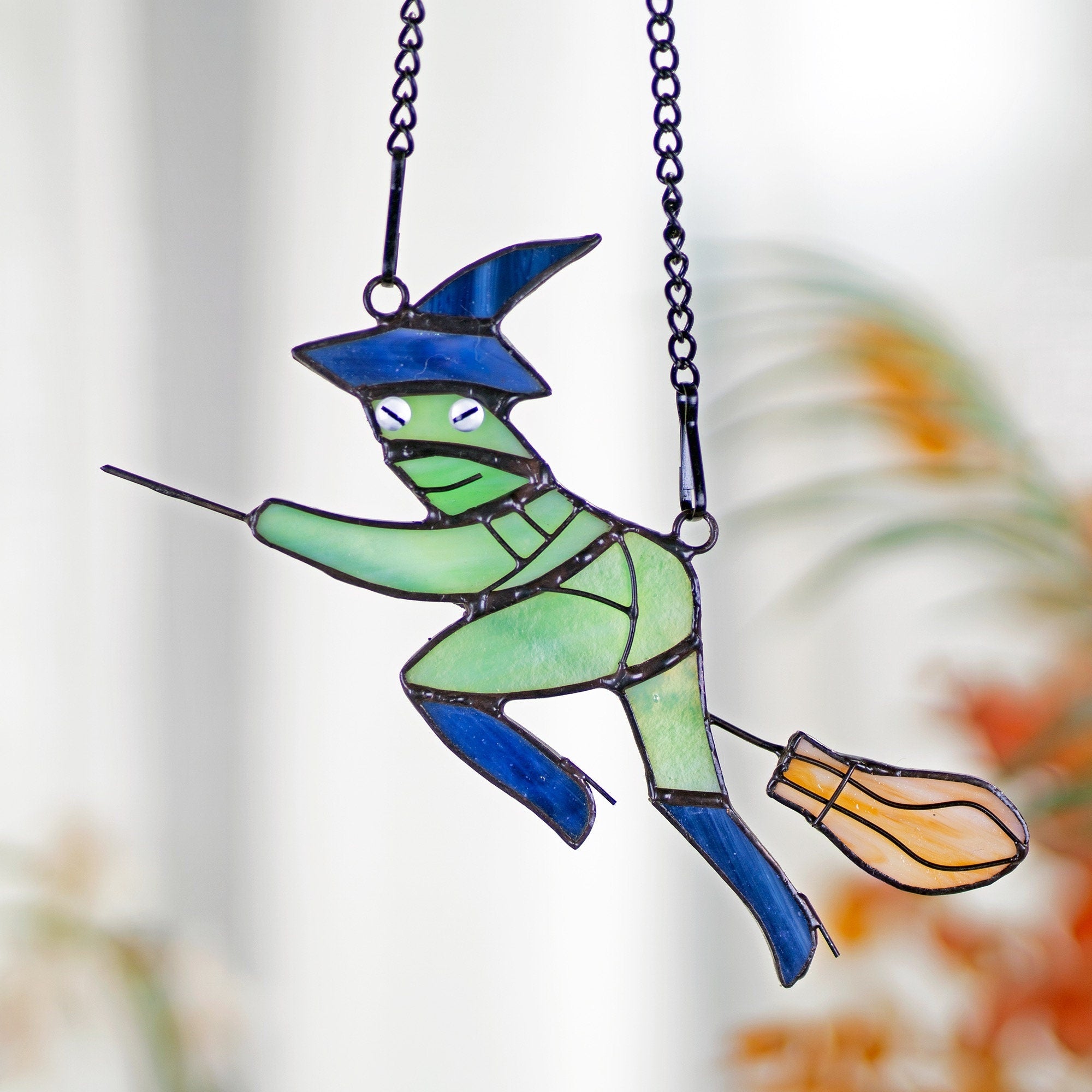 RainLine Witch Hat Frog on Broom Stained Glass Suncatcher 6.7x4in