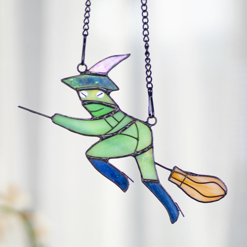 RainLine Witch Hat Frog on Broom Stained Glass Suncatcher 6.7x4in