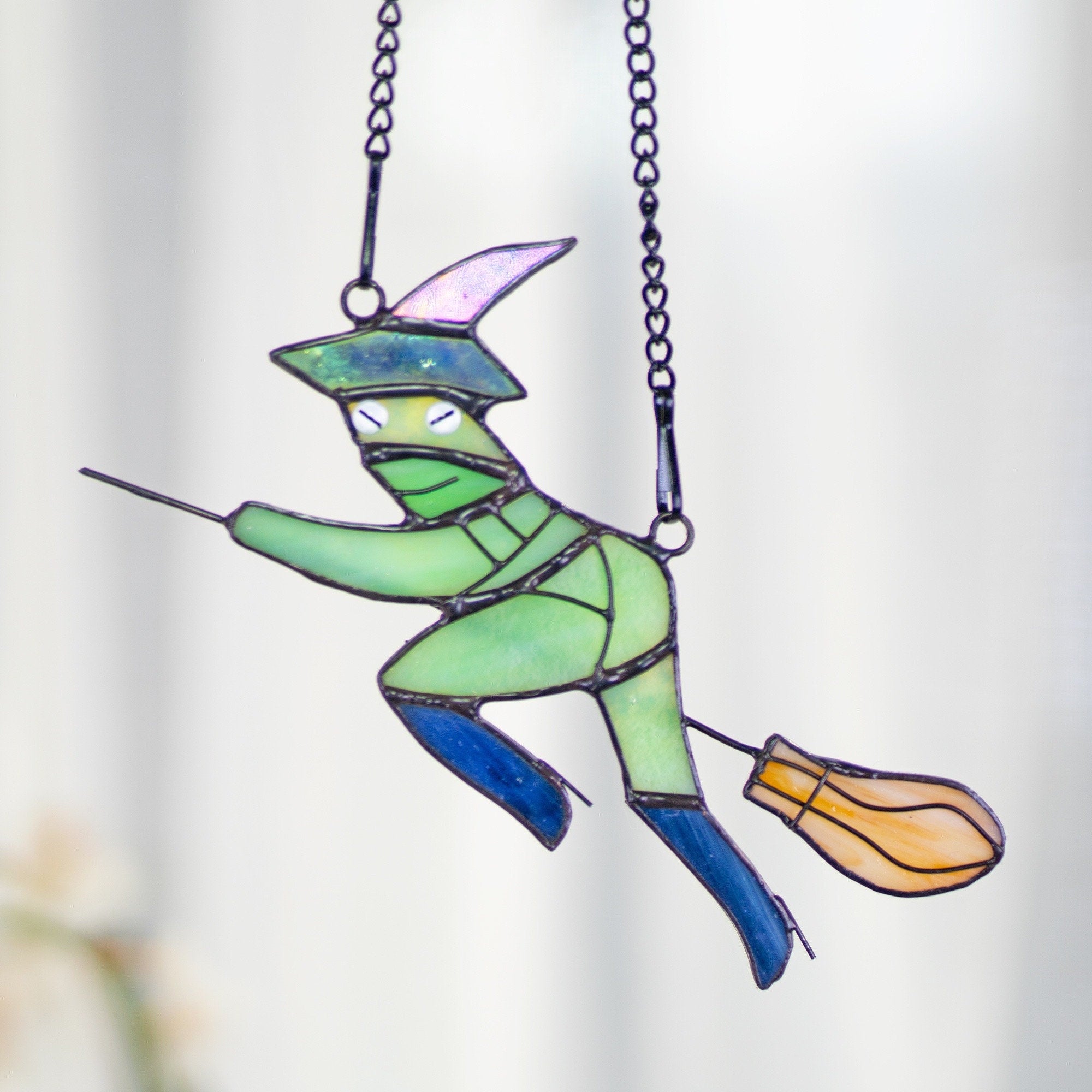 RainLine Witch Hat Frog on Broom Stained Glass Suncatcher 6.7x4in