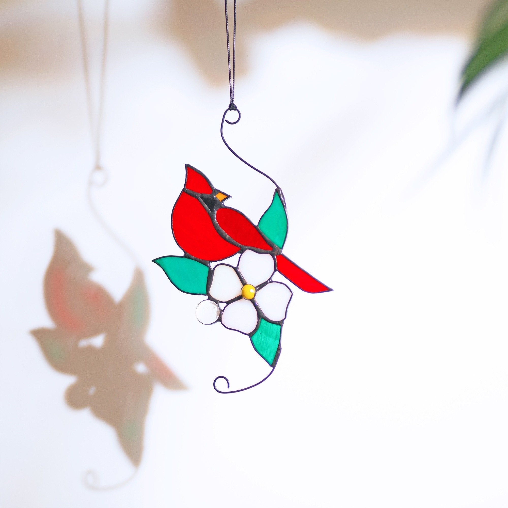 RainLine Cardinal Stained Glass Window Hanging Suncatcher 7in