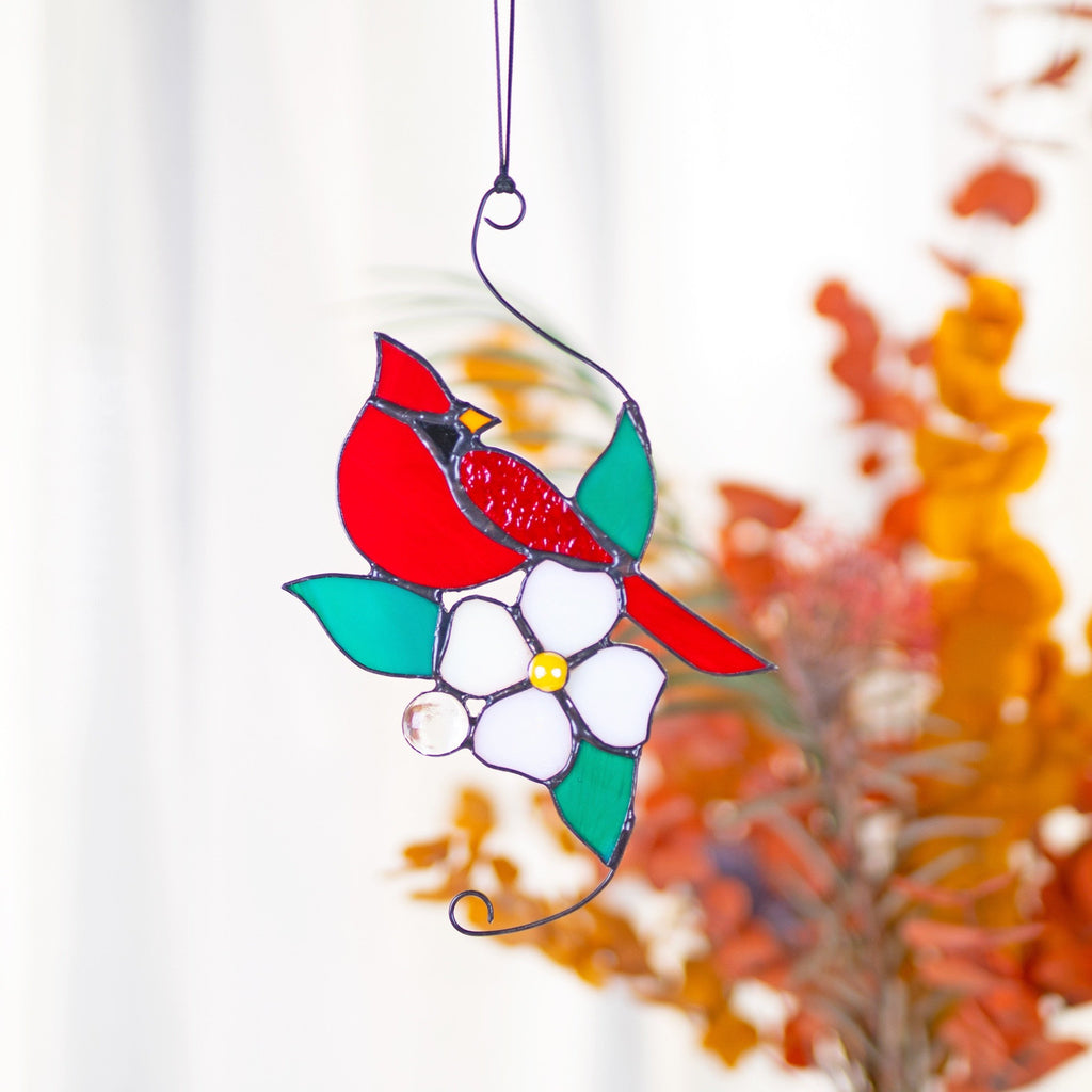 RainLine Cardinal Stained Glass Window Hanging Suncatcher 7in
