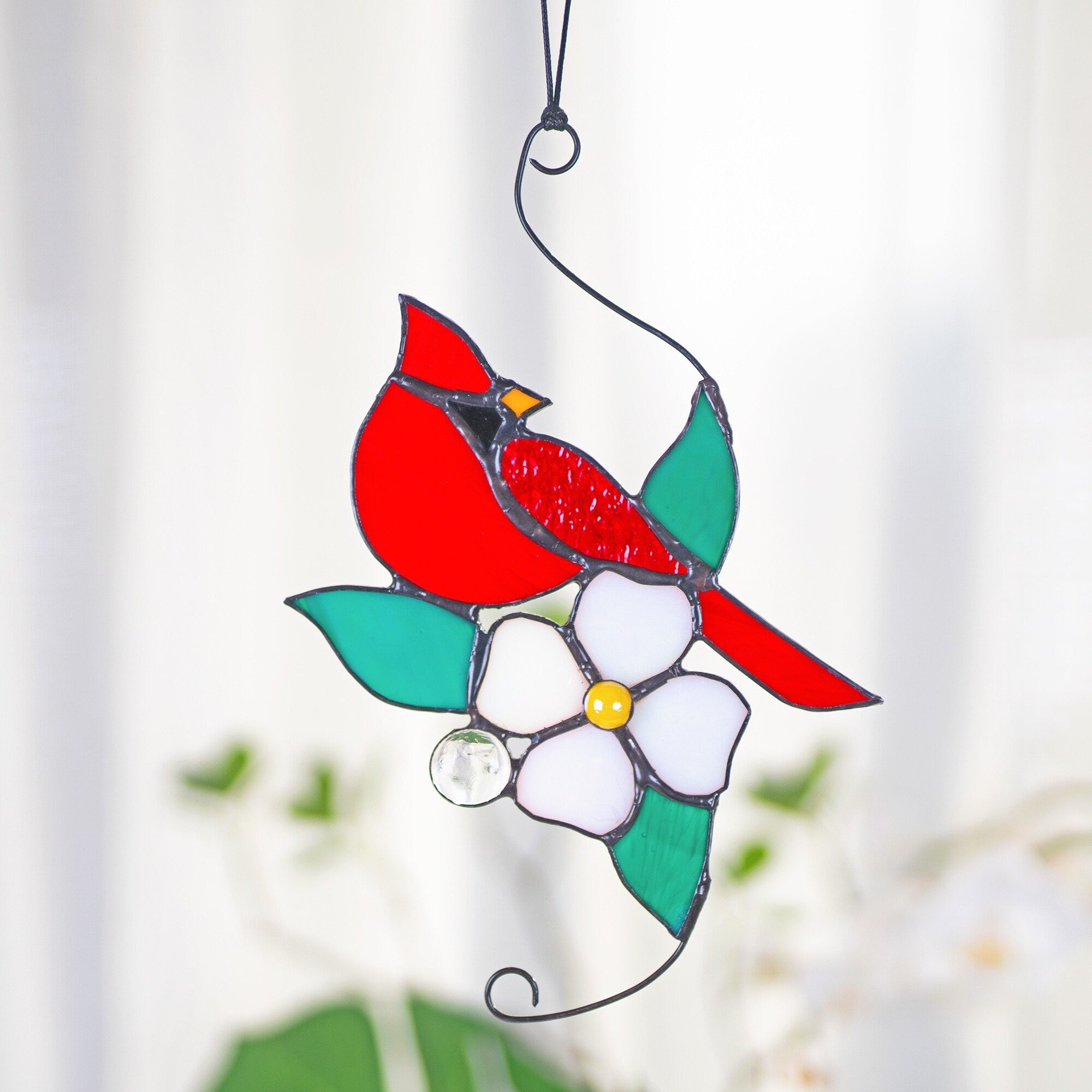 RainLine Cardinal Stained Glass Window Hanging Suncatcher 7in