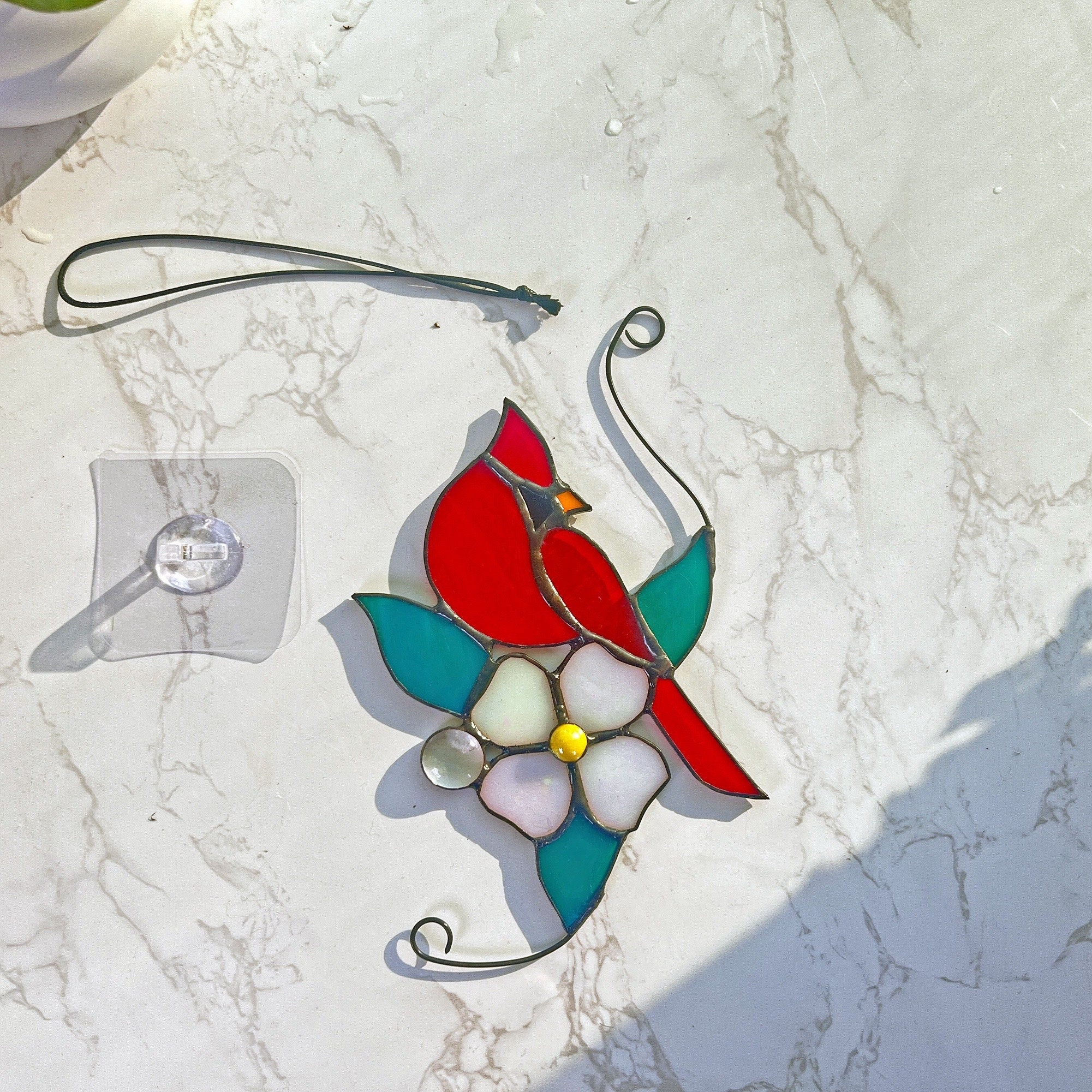 RainLine Cardinal Stained Glass Window Hanging Suncatcher 7in