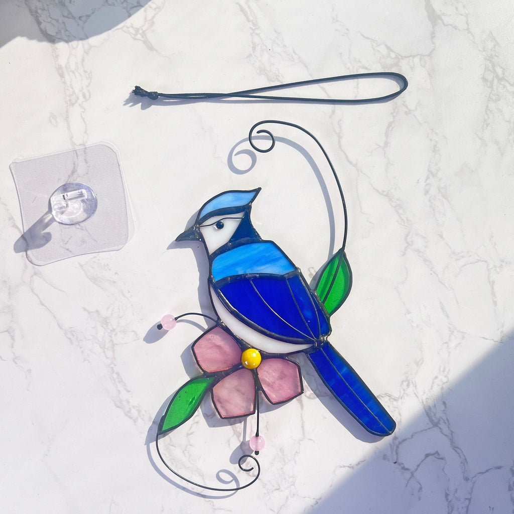 RainLine Blue Jay Stained Glass Bird Suncatcher Flower Window Hanging
