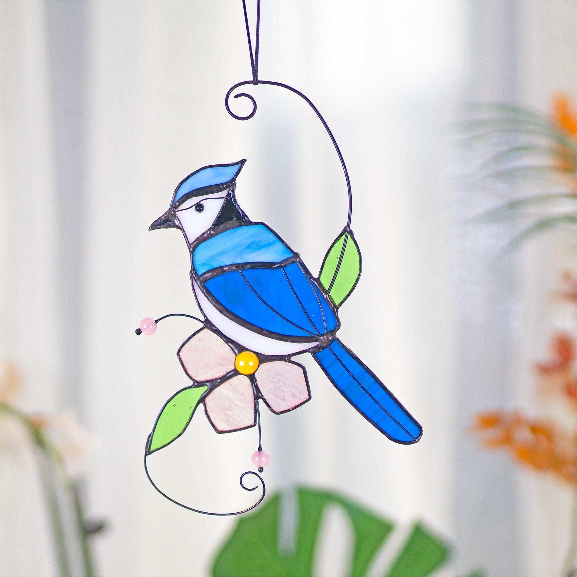 RainLine Blue Jay Stained Glass Bird Suncatcher Flower Window Hanging