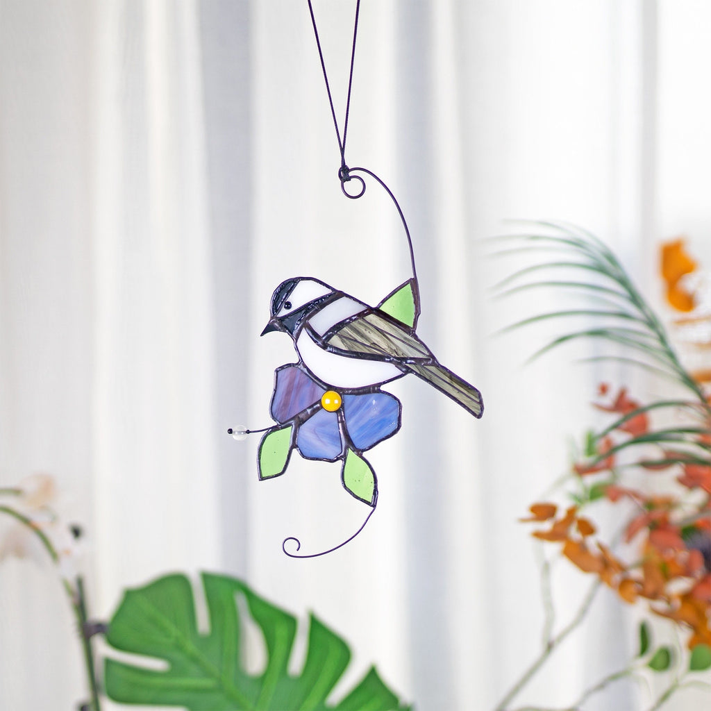 RainLine Chickadee Stained Glass Suncatcher Window Hanging Bird Purple Flower