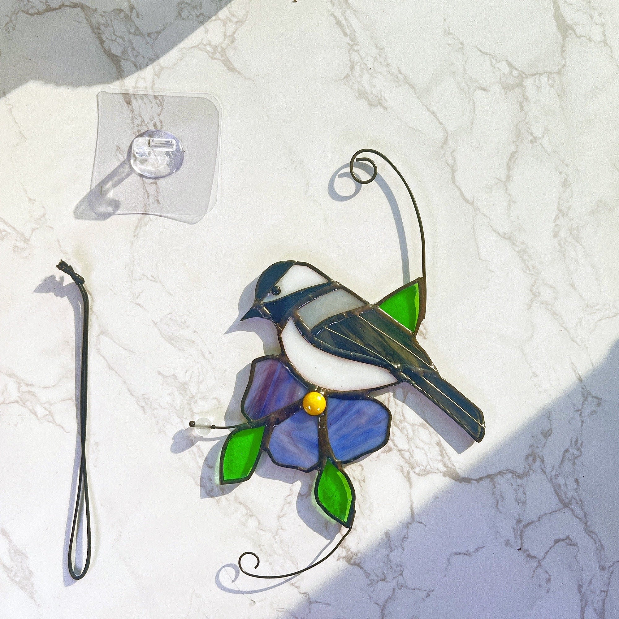 RainLine Chickadee Stained Glass Suncatcher Window Hanging Bird Purple Flower