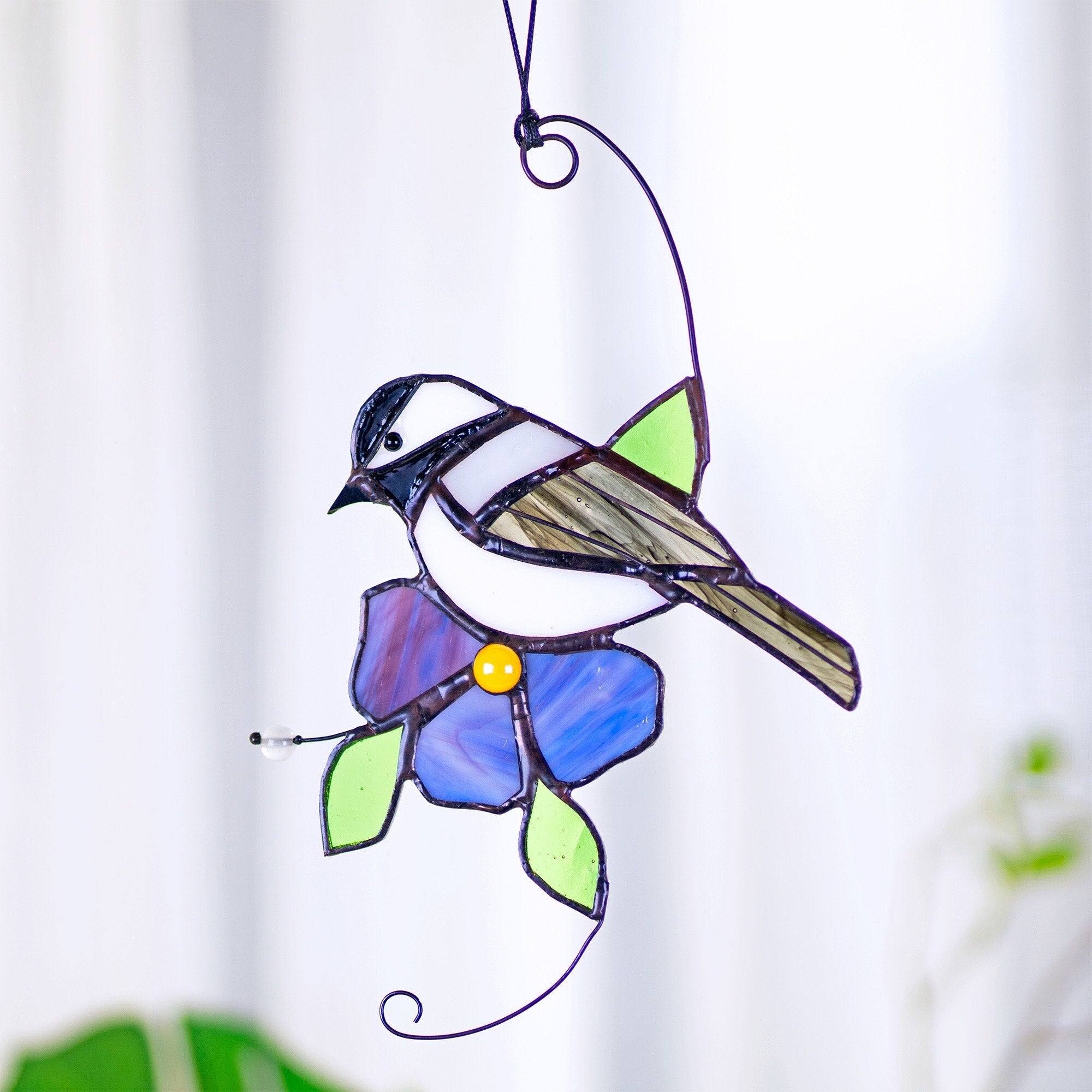 RainLine Chickadee Stained Glass Suncatcher Window Hanging Bird Purple Flower