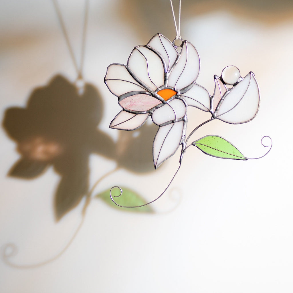 RainLine Iridescent Magnolia Stained Glass Suncatcher Window Hanging