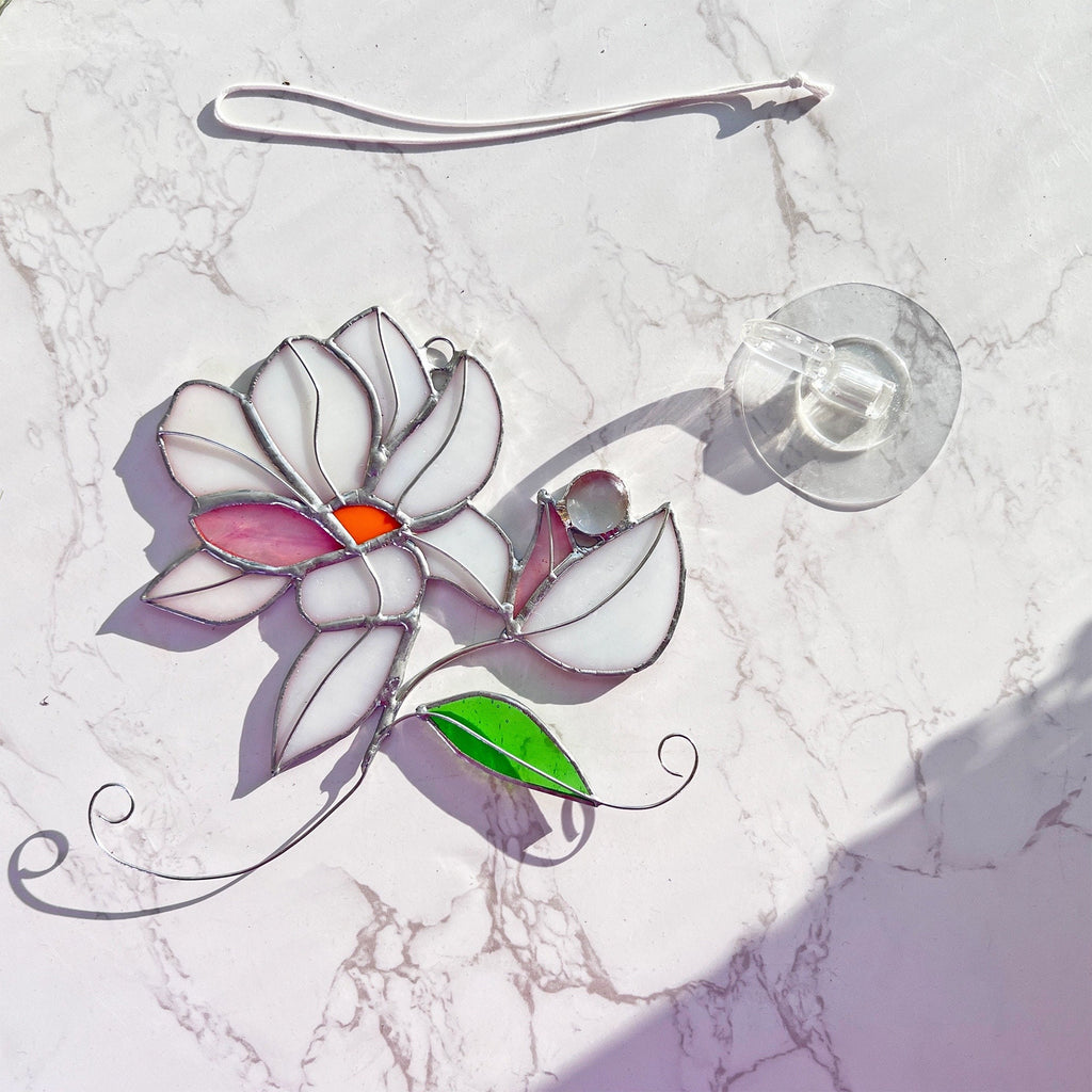 RainLine Iridescent Magnolia Stained Glass Suncatcher Window Hanging