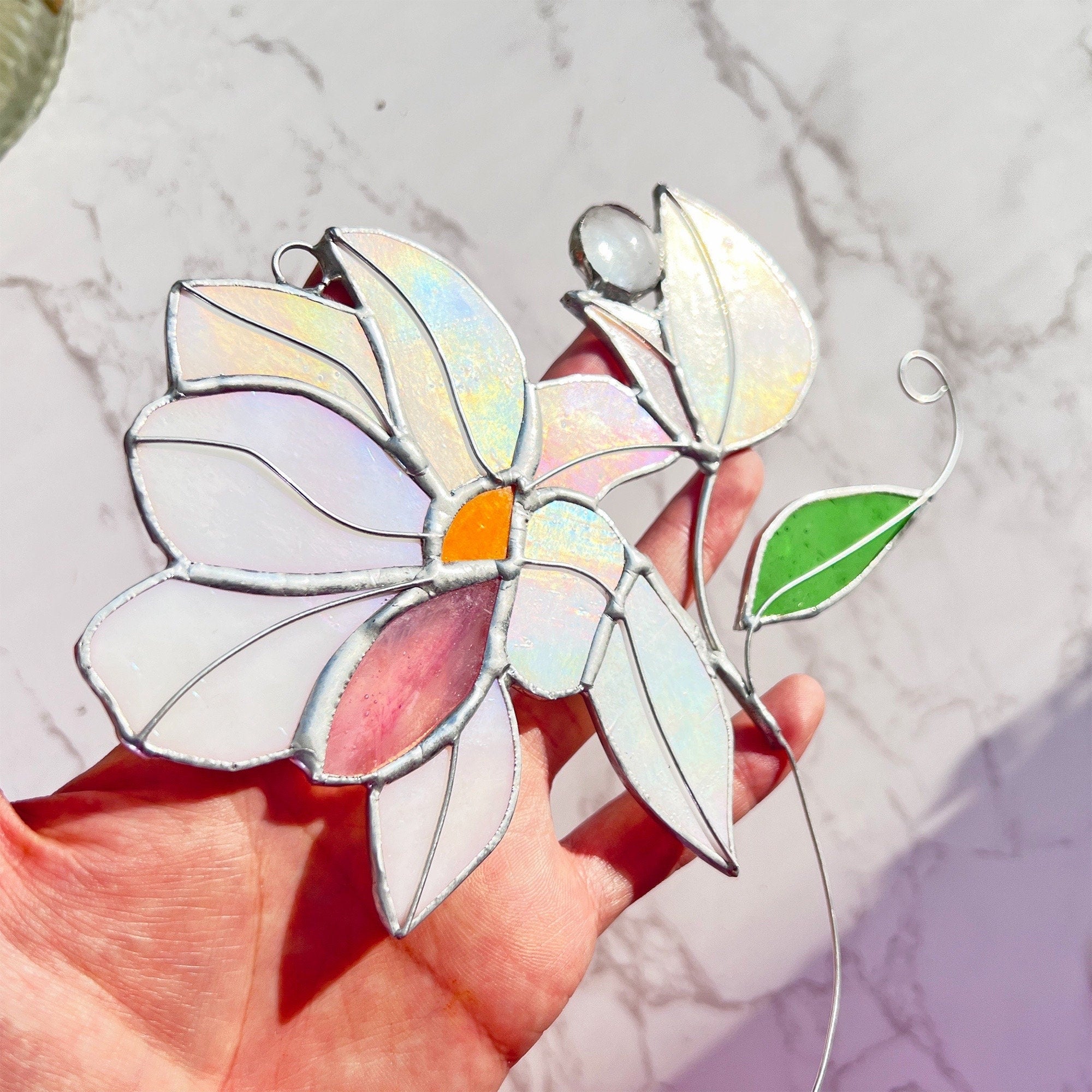 RainLine Iridescent Magnolia Stained Glass Suncatcher Window Hanging