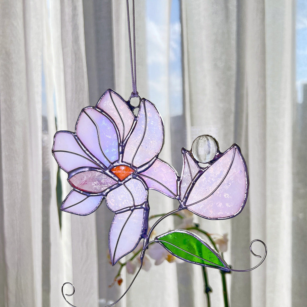 RainLine Iridescent Magnolia Stained Glass Suncatcher Window Hanging