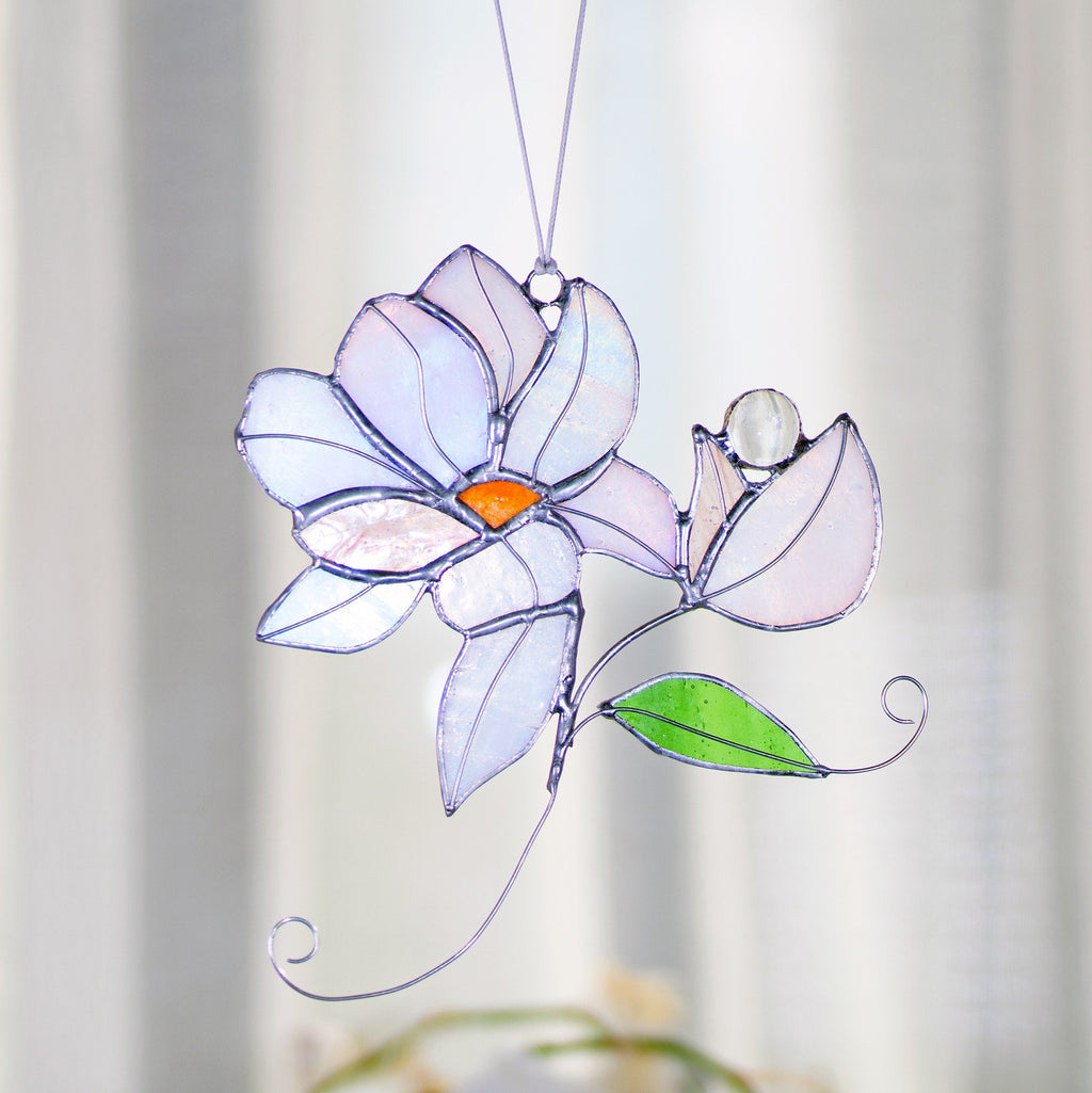 RainLine Iridescent Magnolia Stained Glass Suncatcher Window Hanging