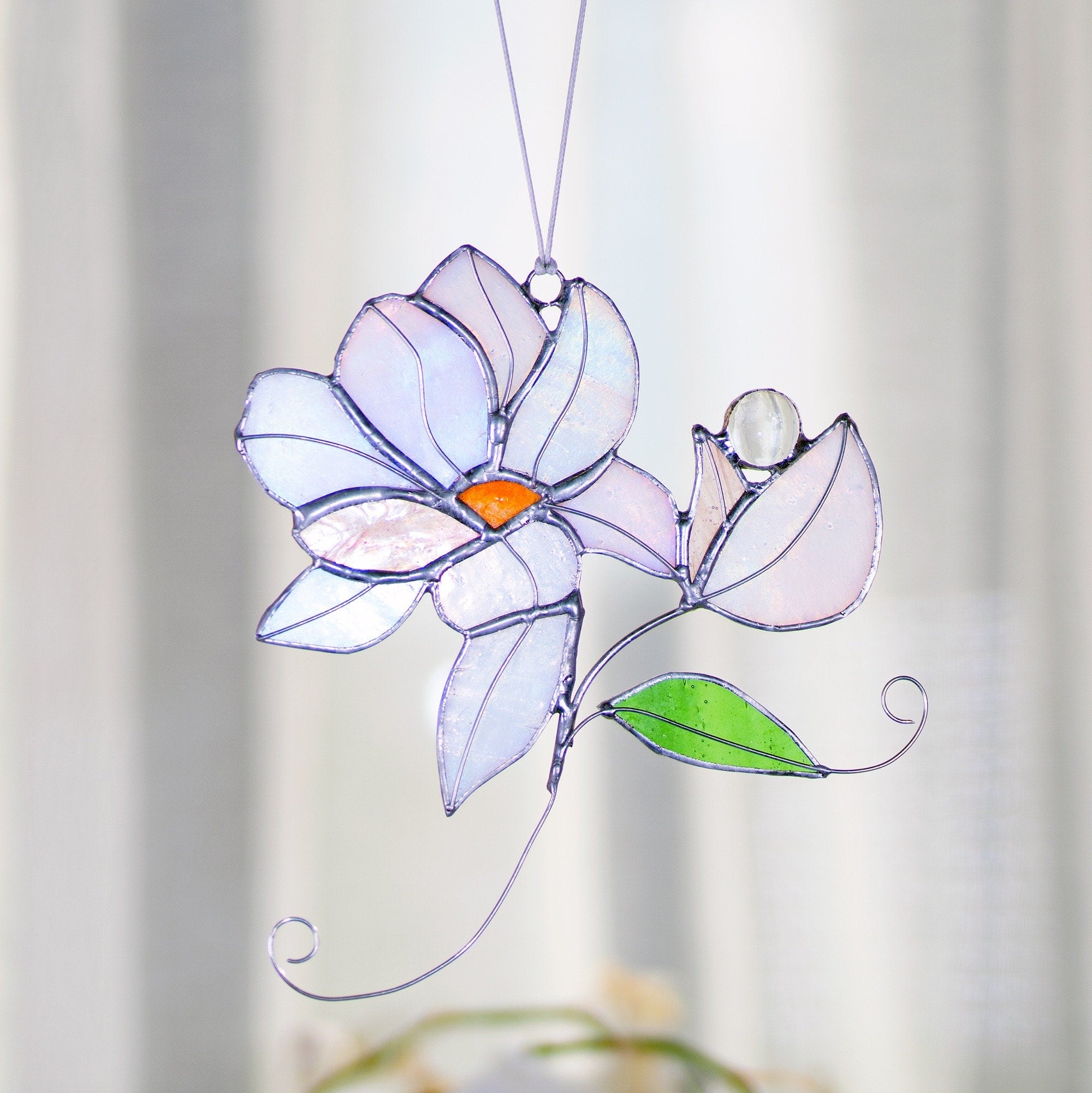 RainLine Iridescent Magnolia Stained Glass Suncatcher Window Hanging