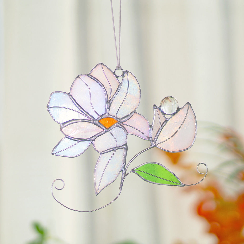 RainLine Iridescent Magnolia Stained Glass Suncatcher Window Hanging