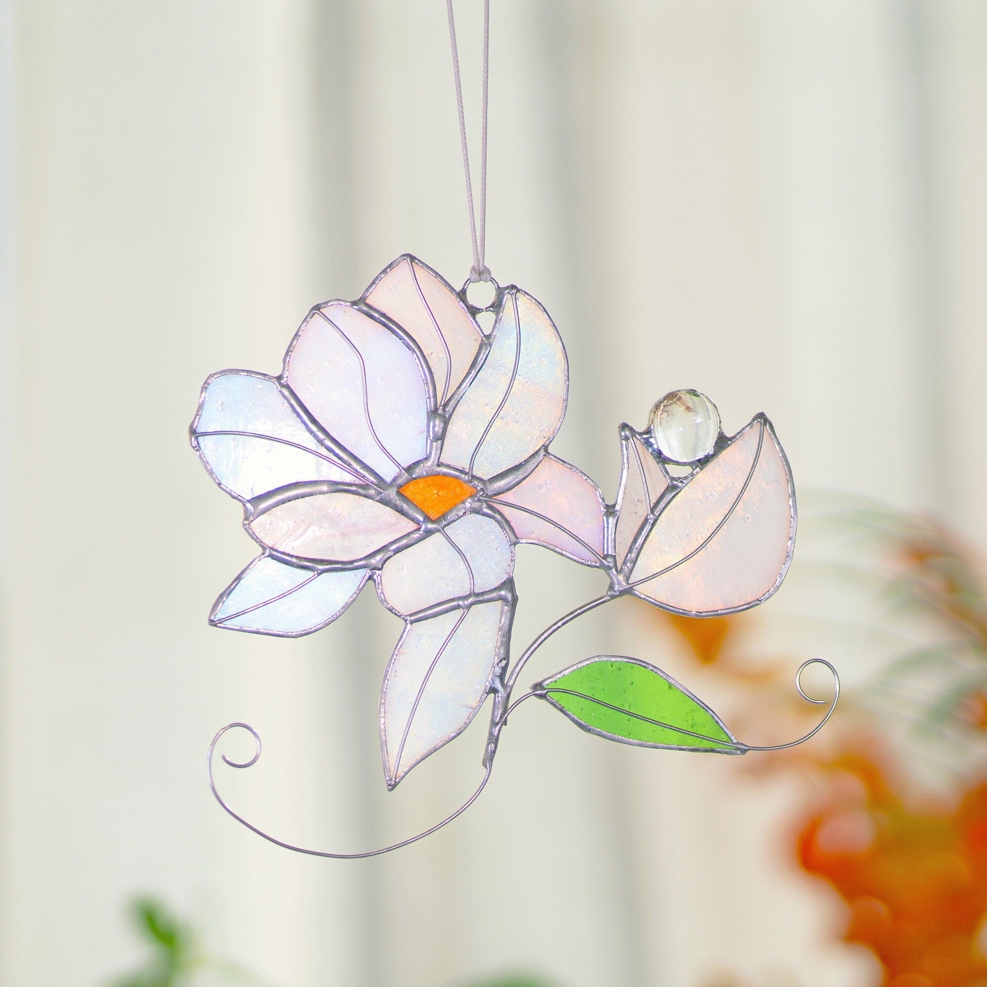 RainLine Iridescent Magnolia Stained Glass Suncatcher Window Hanging