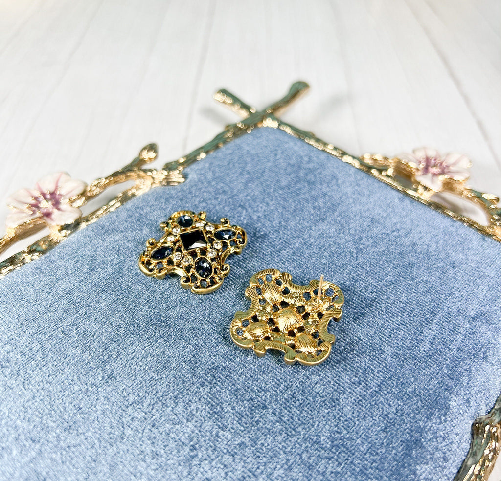 HappyJewelryWorld Vintage Sapphire Stud Earrings Yellow Gold Blue Gemstone